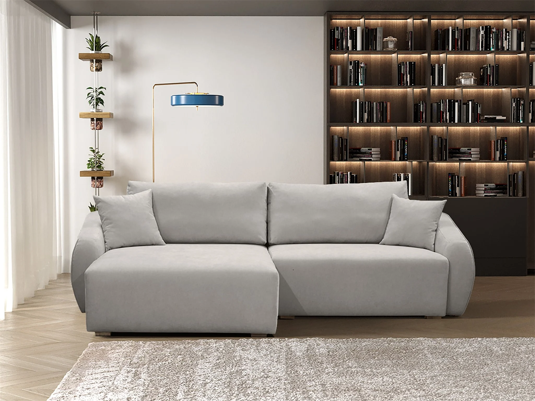 Ecksofa Designersofa Sofa ELISE in Stoff Wind Hellgrau Ottomane Links - Fun Möbel