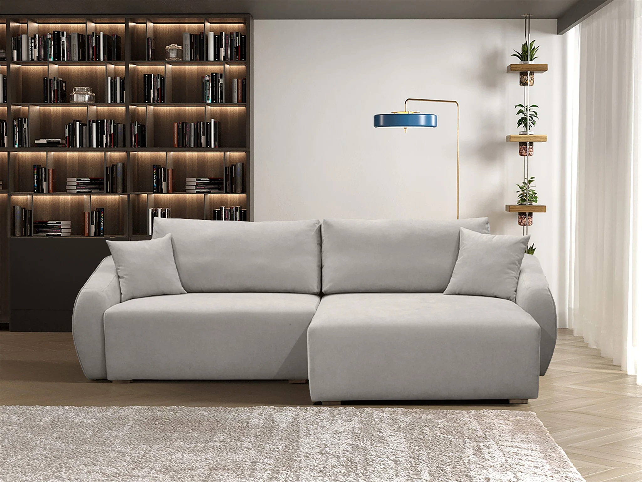 Ecksofa Designersofa Sofa ELISE in Stoff Wind Hellgrau Ottomane Rechts - Fun Möbel