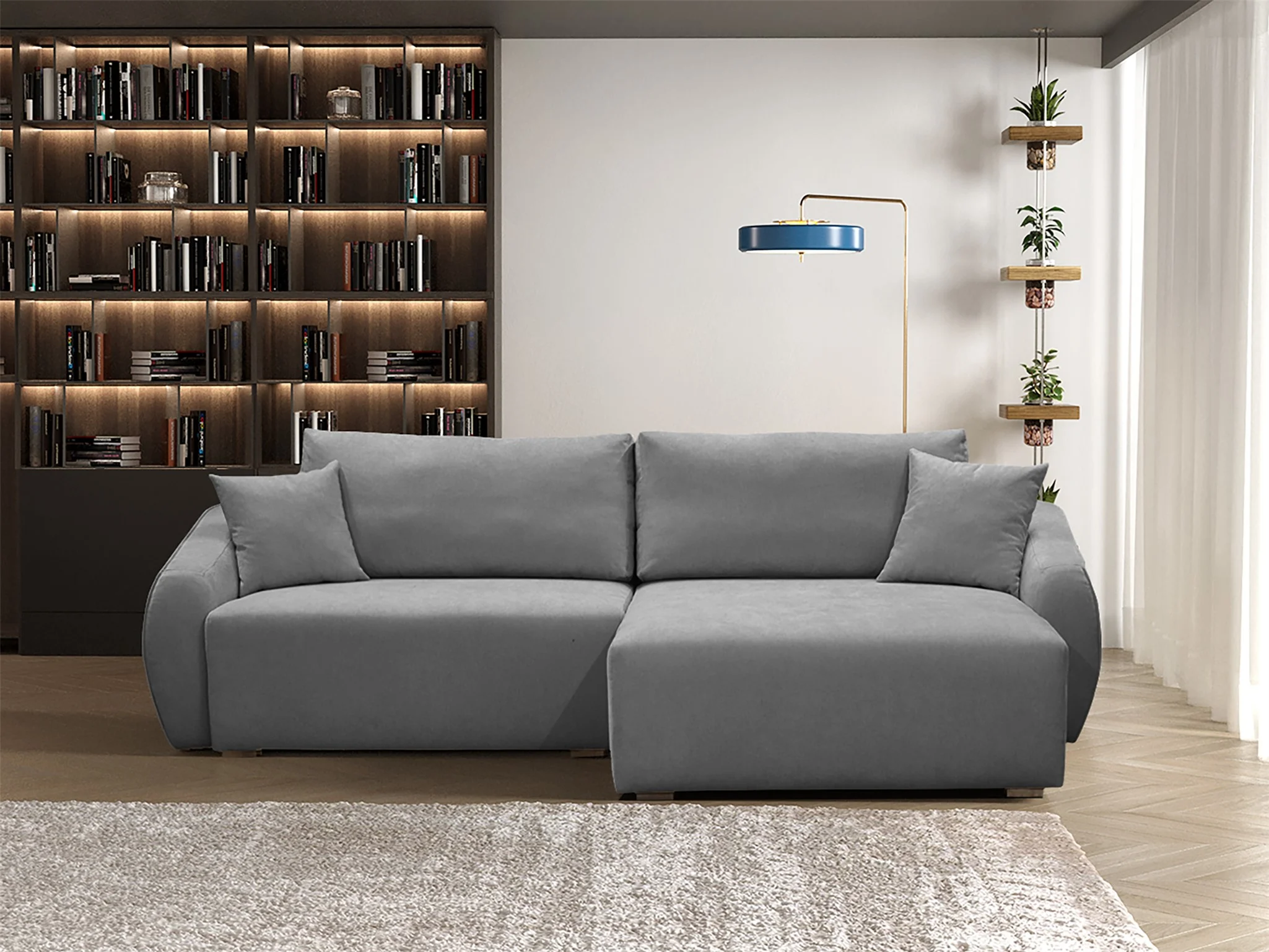 Ecksofa Designersofa Sofa ELISE in Stoff Wind Grau Ottomane Rechts - Fun Möbel