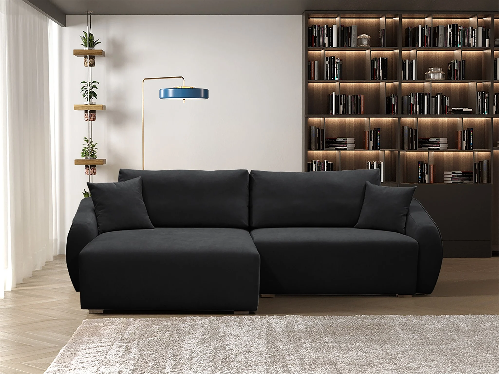 Ecksofa Designersofa Sofa ELISE in Stoff Wind Schwarz Ottomane Links - Fun Möbel