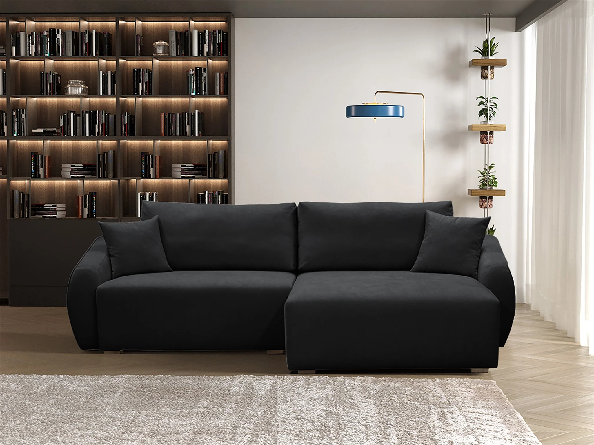 Ecksofa Designersofa Sofa ELISE in Stoff Wind Schwarz Ottomane Rechts - Fun Möbel