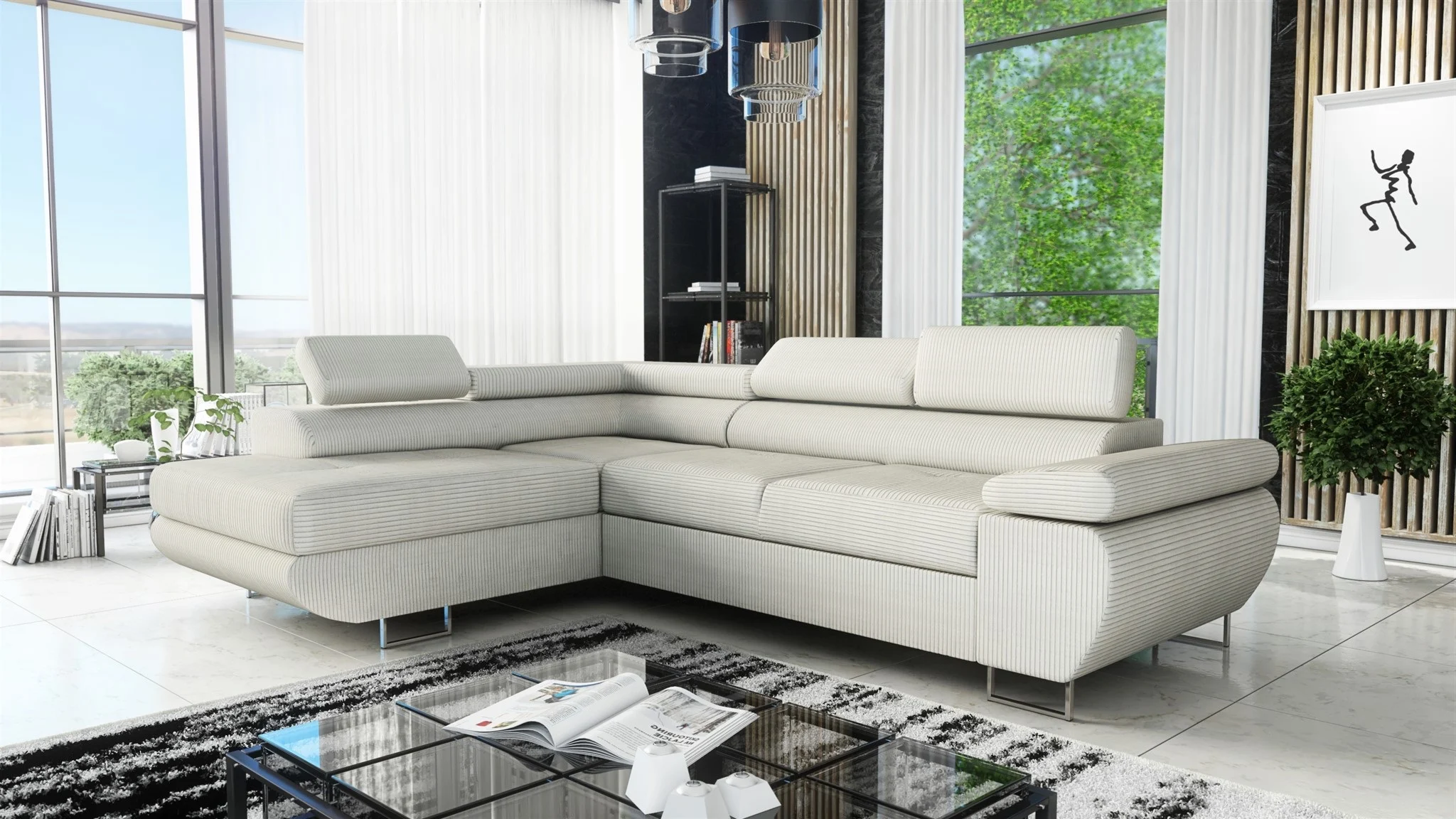 Couchgarnitur ELON Stoff Beige mit Schlaffunktion Ottomane Links - Fun Moebel