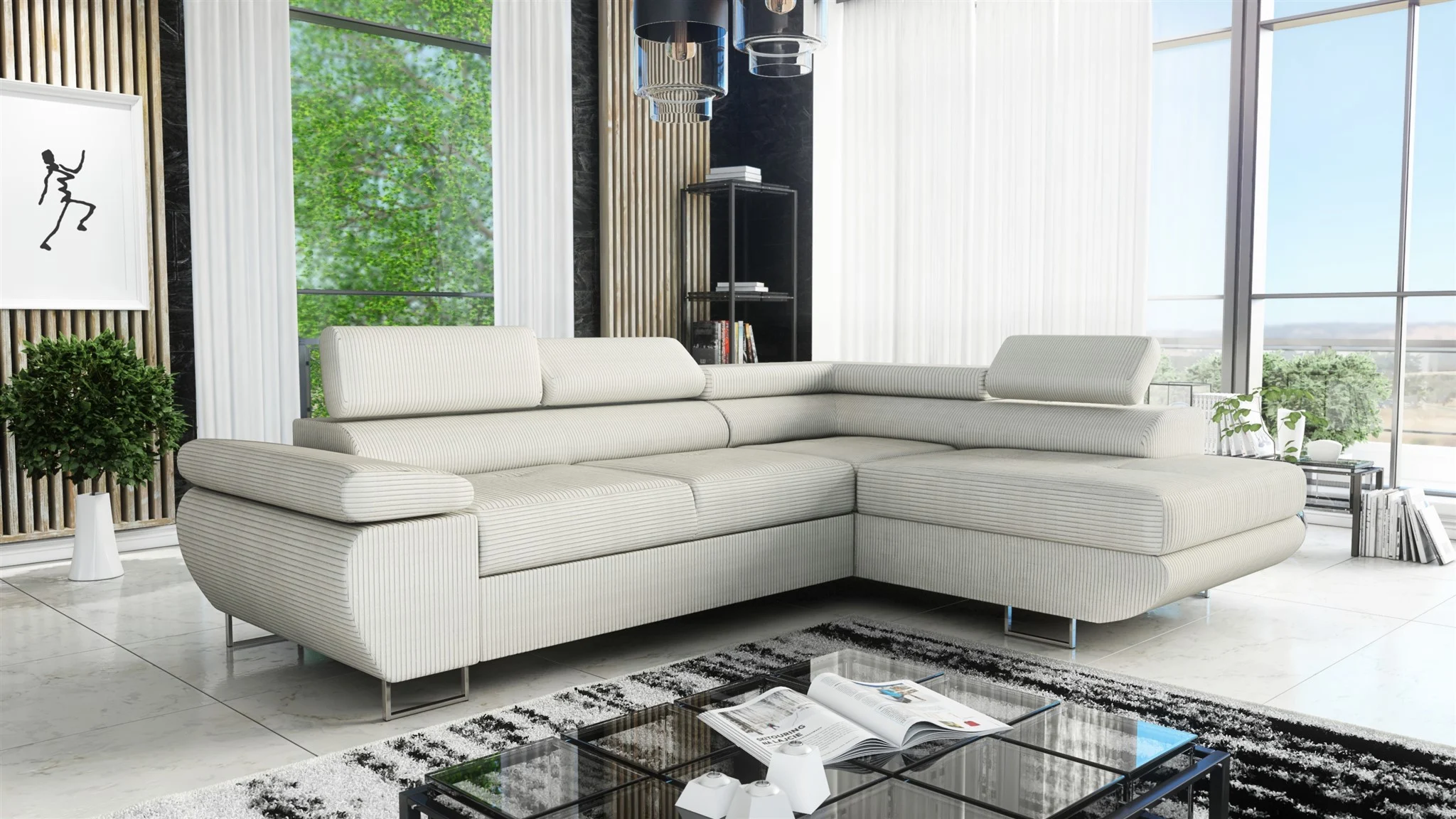 Couchgarnitur ELON Stoff Beige mit Schlaffunktion Ottomane Rechts - Fun Moebel