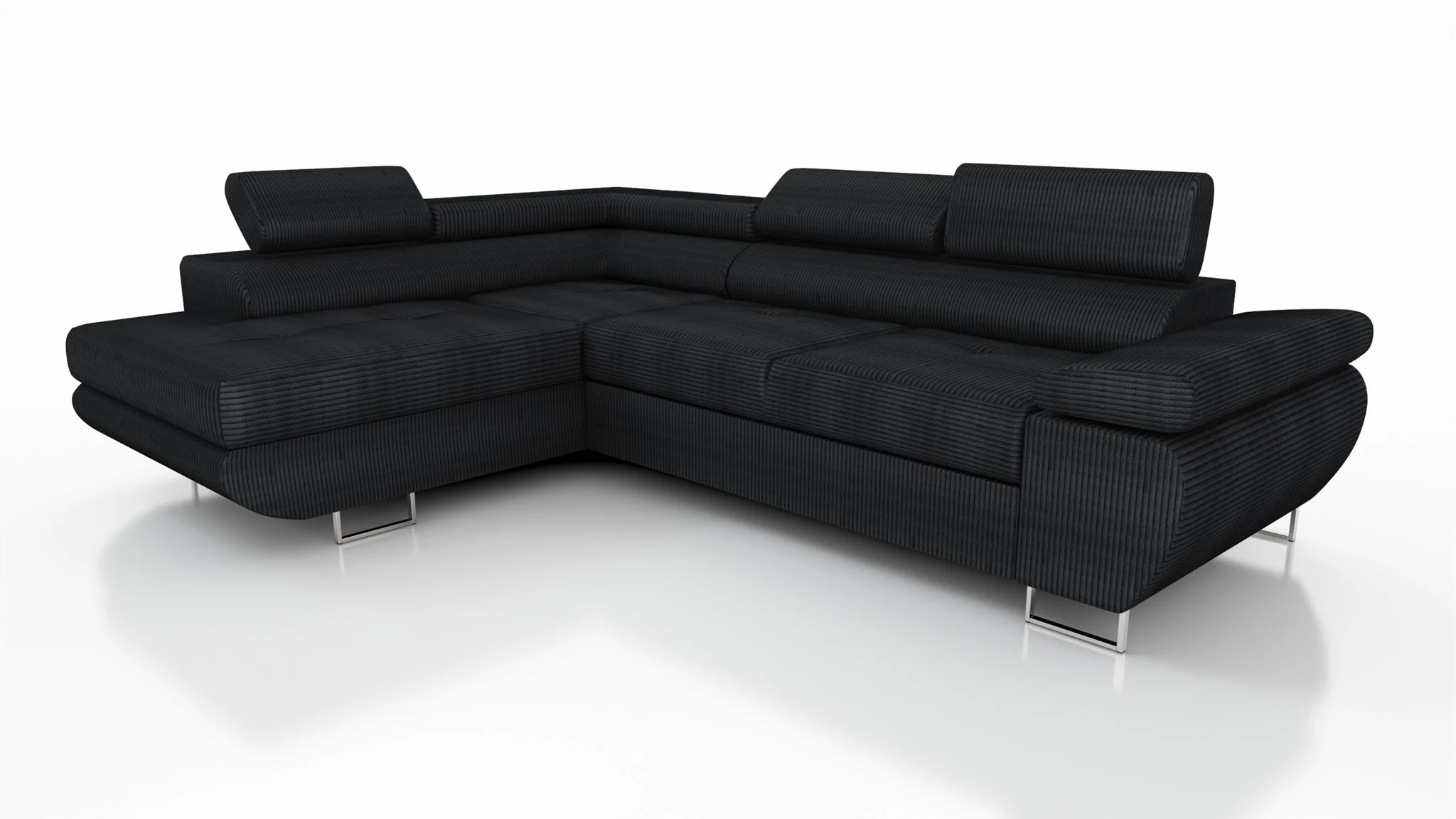 Couchgarnitur ELON Stoff Schwarz mit Schlaffunktion Ottomane Links - Fun Moebel