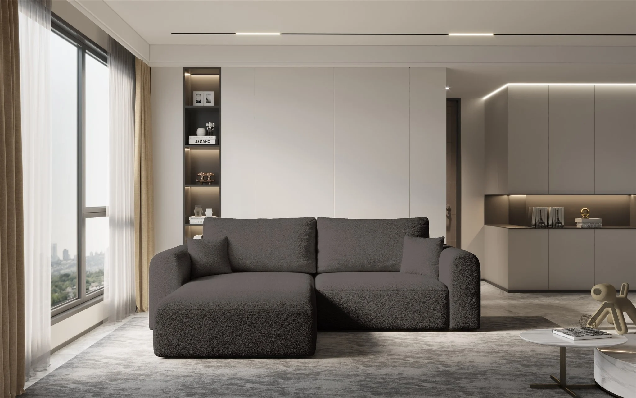 Ecksofa Sofa FLAVIO mit Schlaffunktion Stoff Abriamo Braun Ottomane Links - Fun Möbel