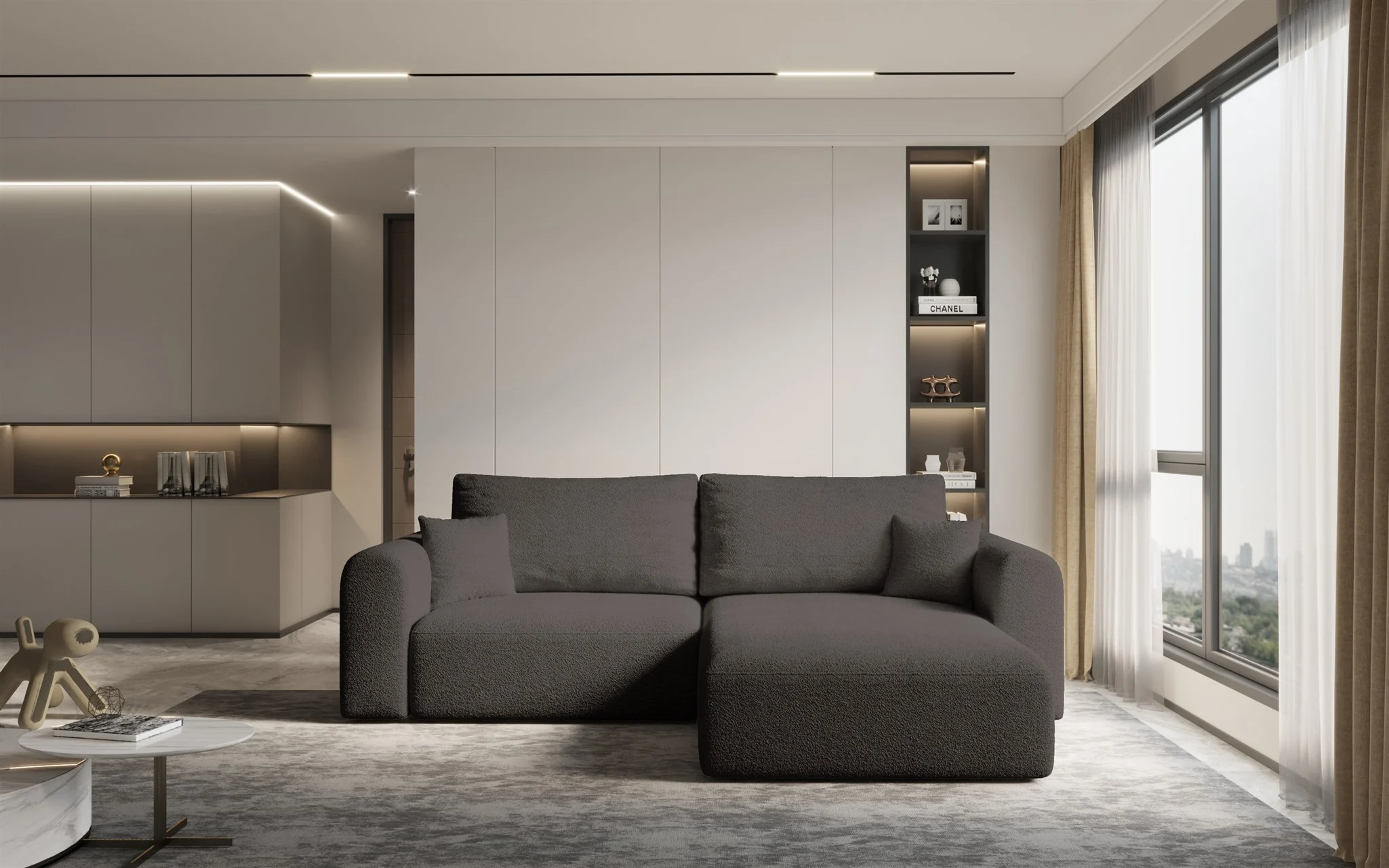 Ecksofa Sofa FLAVIO mit Schlaffunktion Stoff Abriamo Braun Ottomane Rechts - Fun Möbel