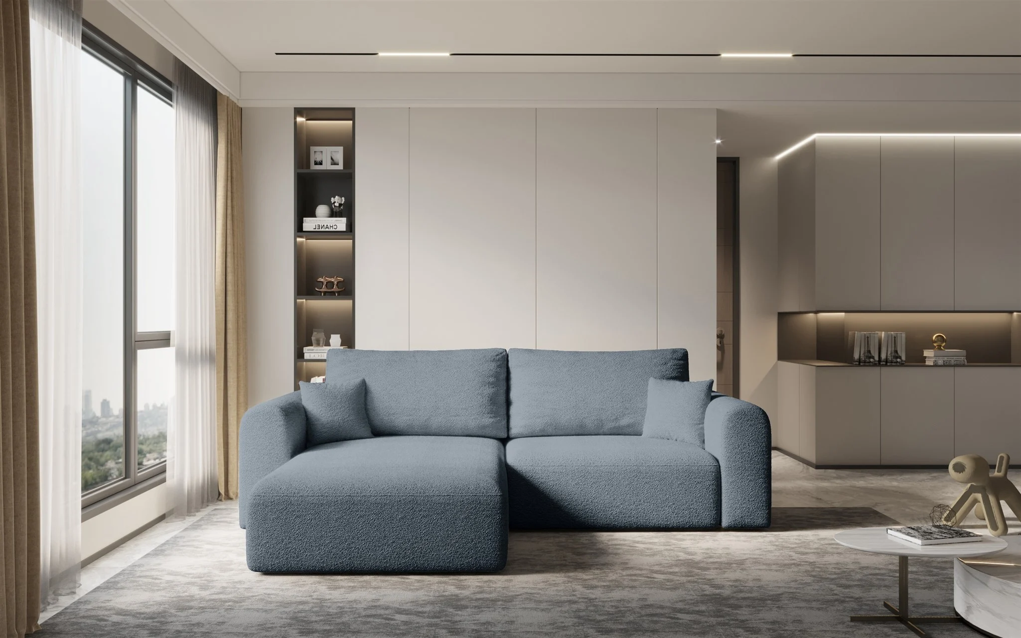 Ecksofa Sofa FLAVIO mit Schlaffunktion Stoff Abriamo Graublau Ottomane Links - Fun Möbel