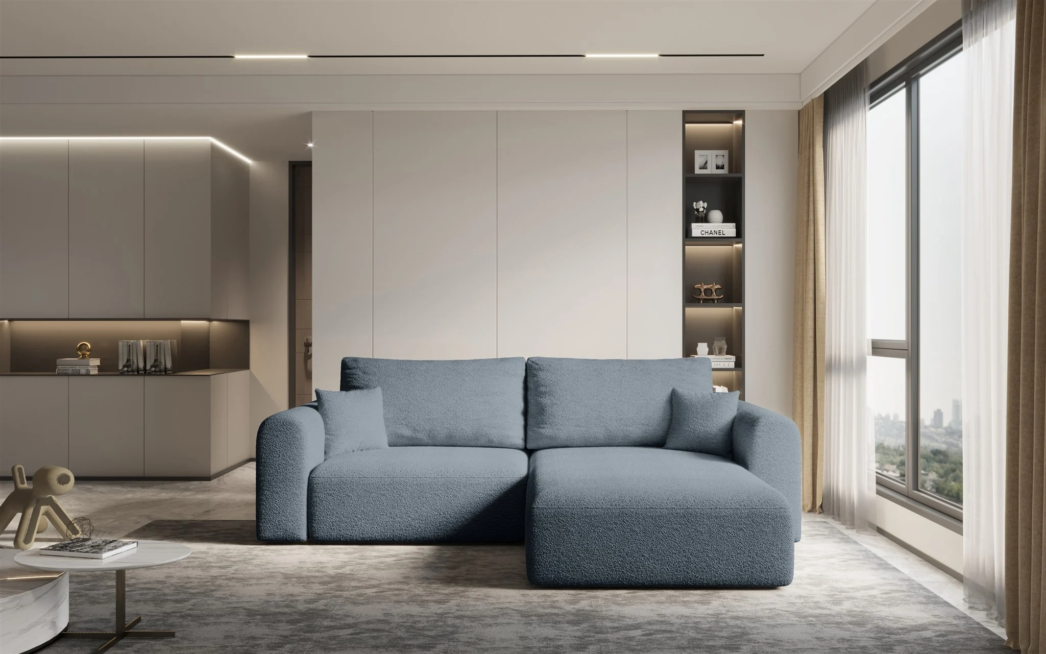 Ecksofa Sofa FLAVIO mit Schlaffunktion Stoff Abriamo Graublau Ottomane Rechts - Fun Möbel