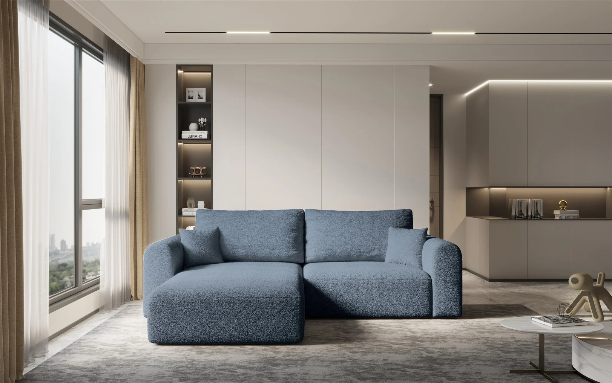 Ecksofa Sofa FLAVIO mit Schlaffunktion Stoff Abriamo Petrol Ottomane Links - Fun Möbel