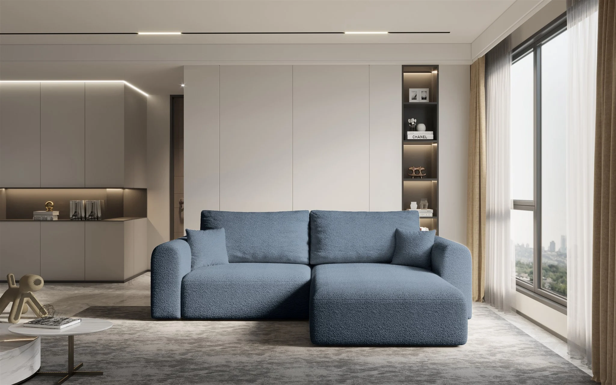 Ecksofa Sofa FLAVIO mit Schlaffunktion Stoff Abriamo Petrol Ottomane Rechts - Fun Möbel