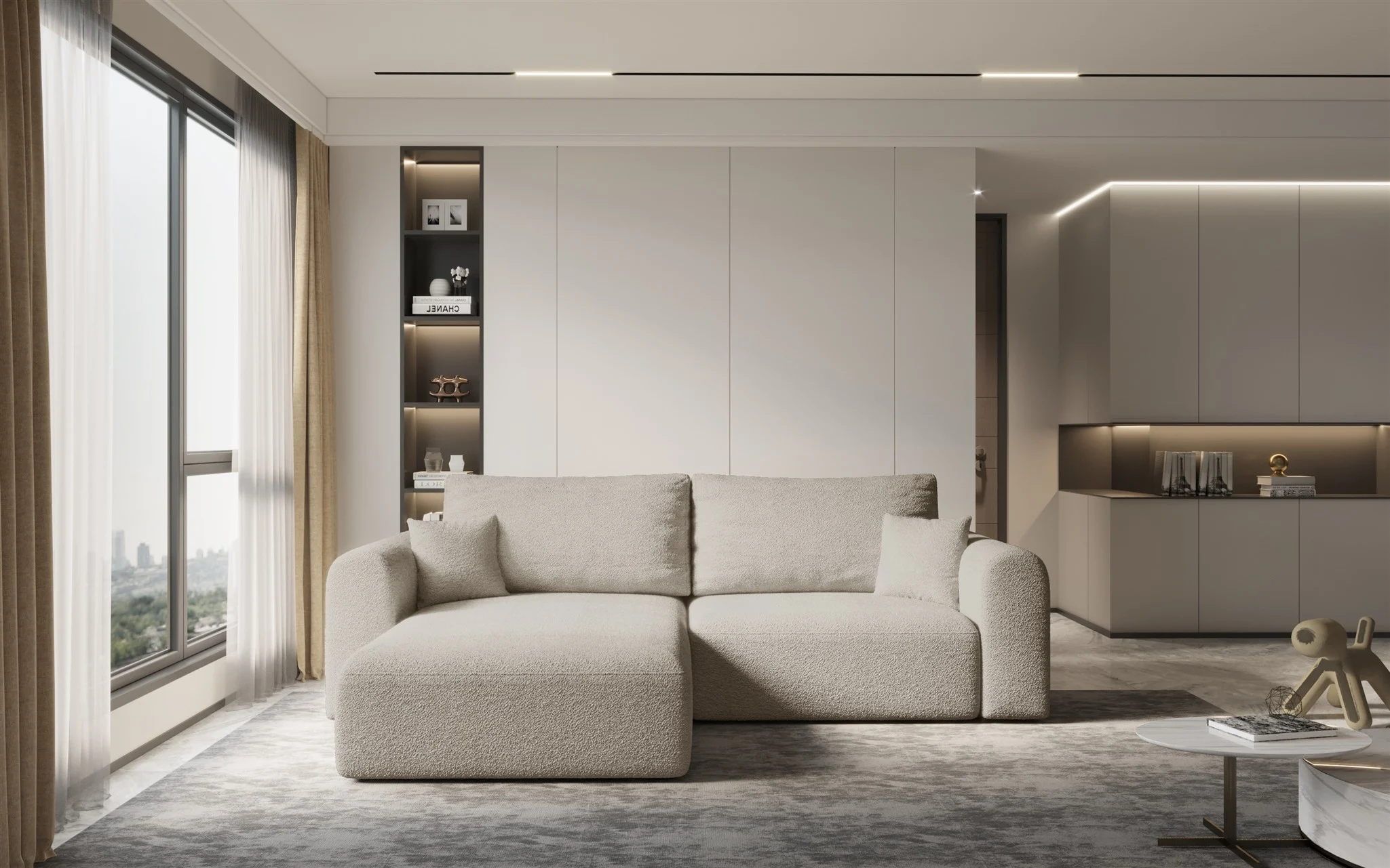 Ecksofa Sofa FLAVIO mit Schlaffunktion Stoff Abriamo Sand Ottomane Links - Fun Möbel