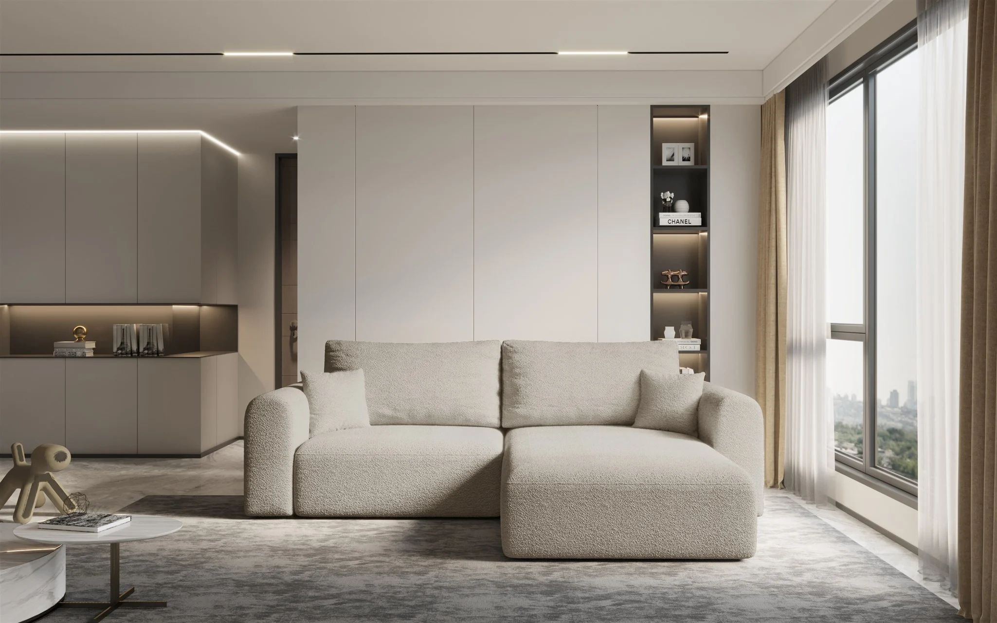 Ecksofa Sofa FLAVIO mit Schlaffunktion Stoff Abriamo Sand Ottomane Rechts - Fun Möbel
