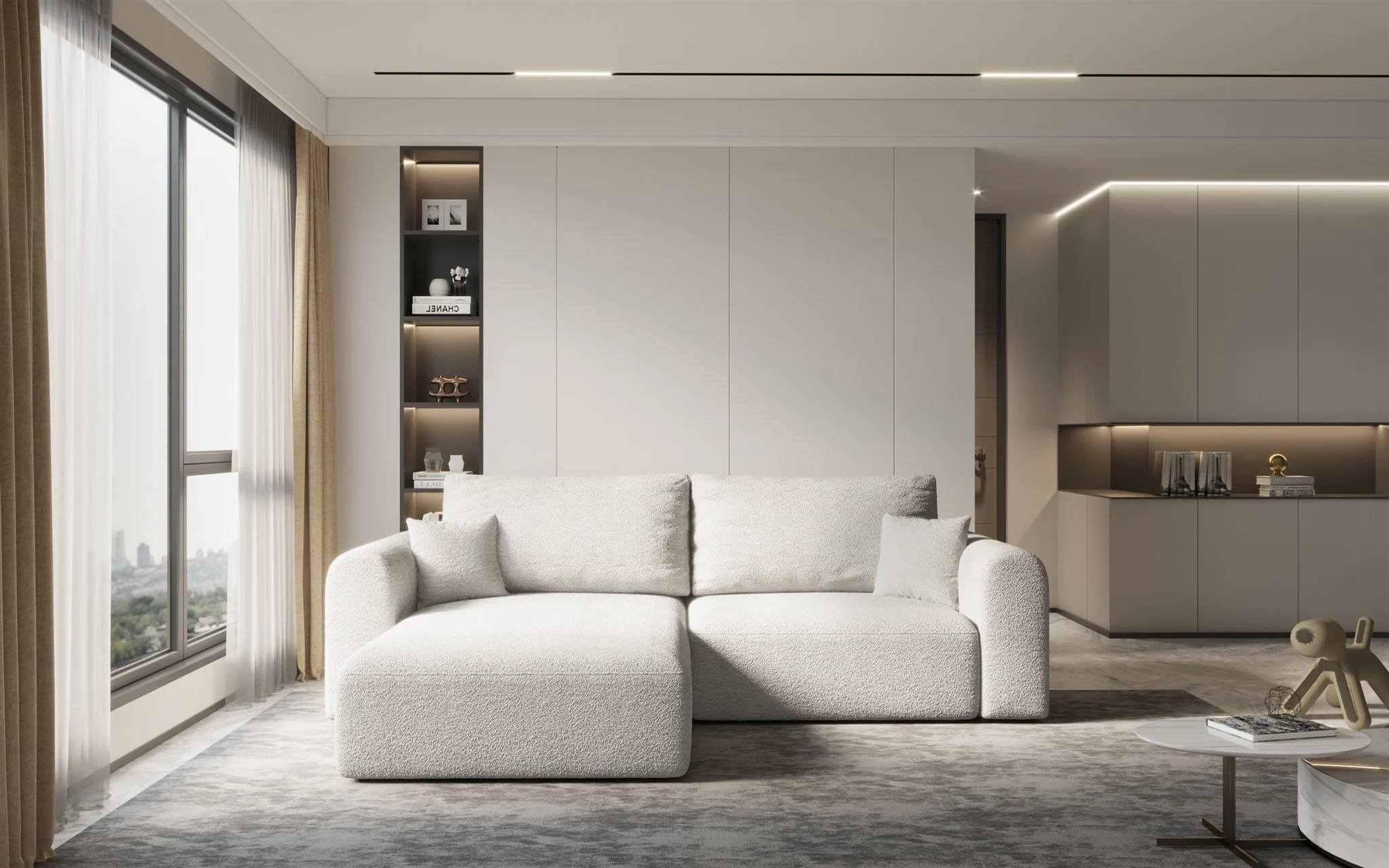 Ecksofa Sofa FLAVIO mit Schlaffunktion Stoff Abriamo Champagne Ottomane Links - Fun Möbel