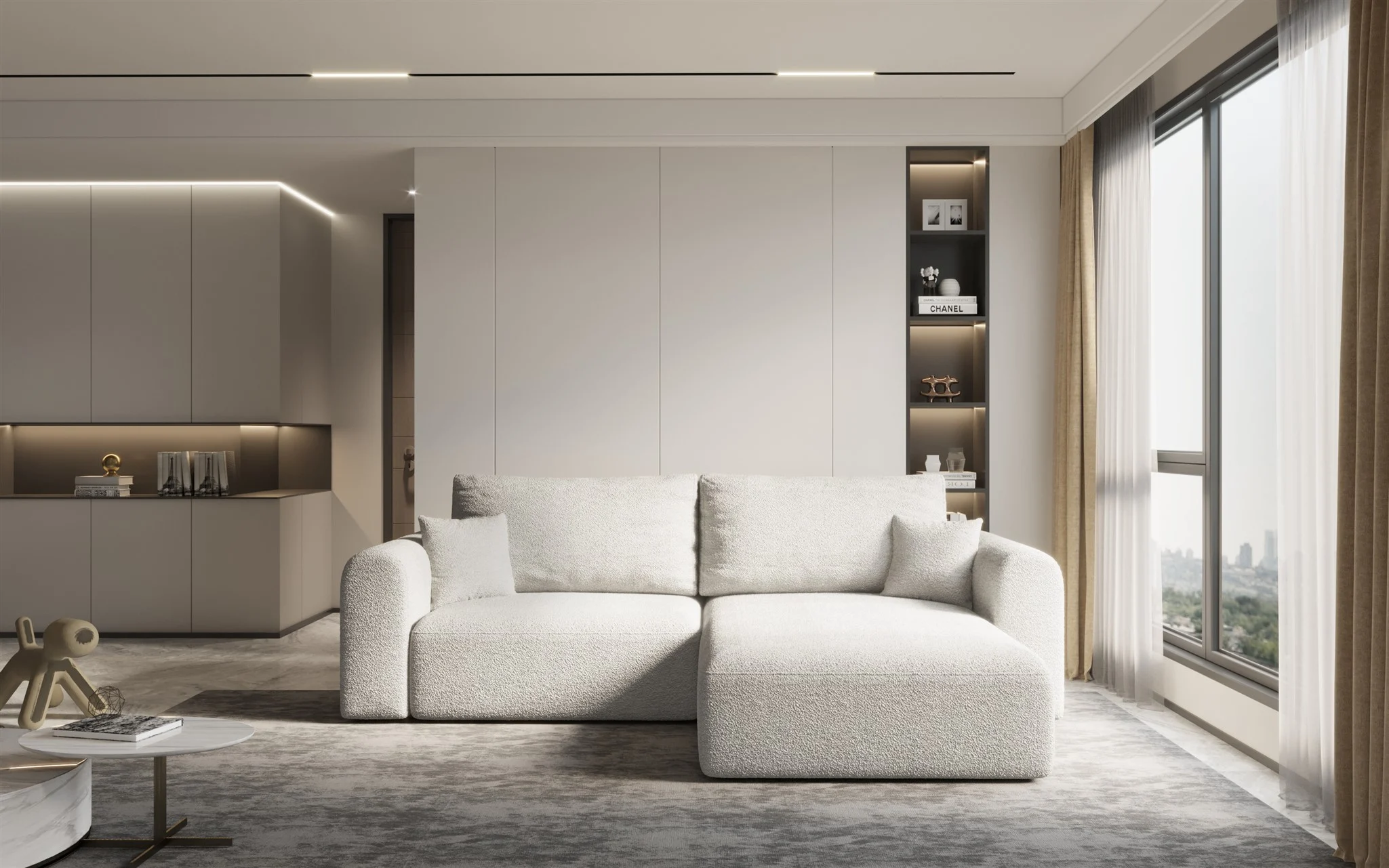 Ecksofa Sofa FLAVIO mit Schlaffunktion Stoff Abriamo Champagne Ottomane Rechts - Fun Möbel
