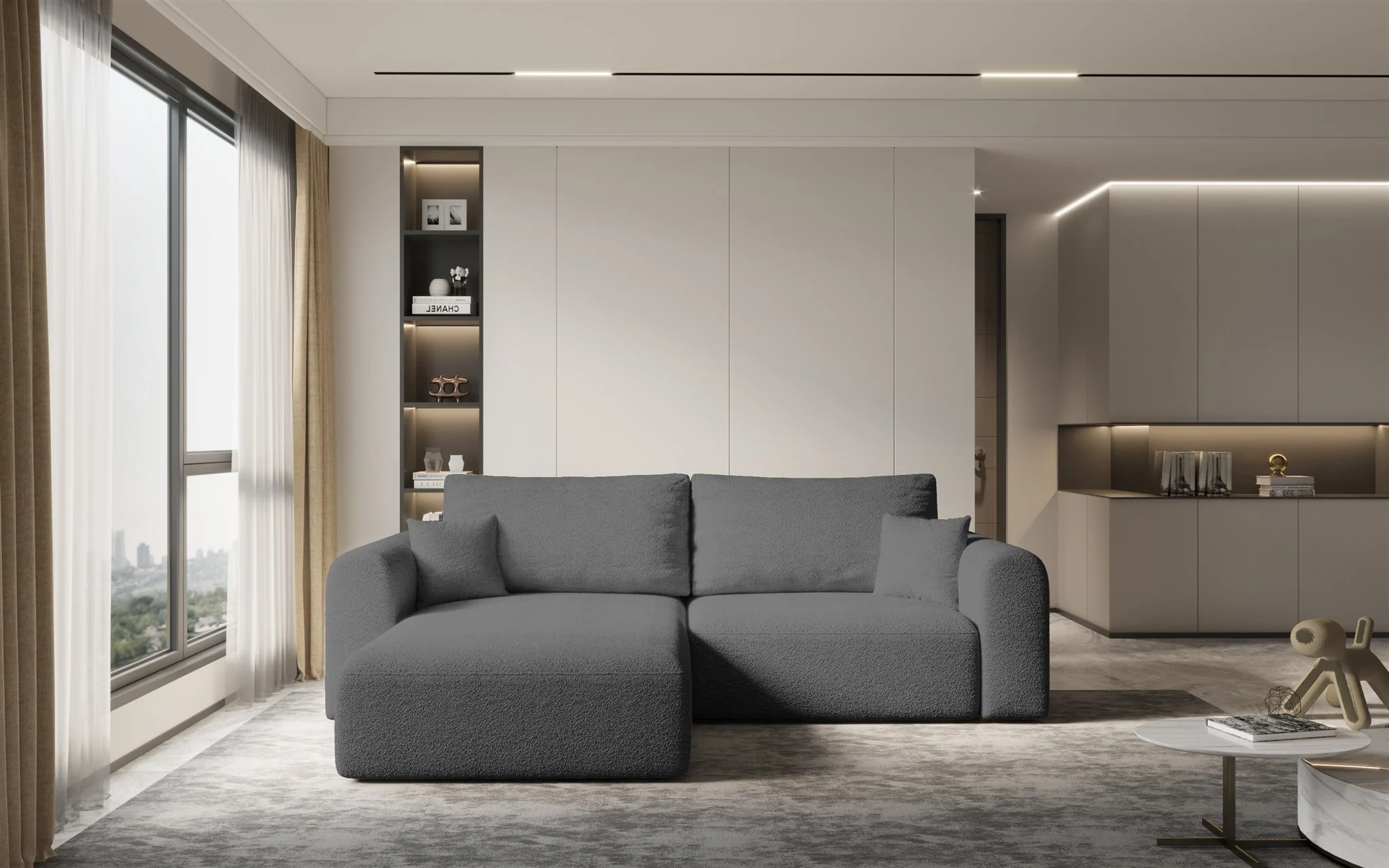 Ecksofa Sofa FLAVIO mit Schlaffunktion Stoff Abriamo Grau Ottomane Links - Fun Möbel