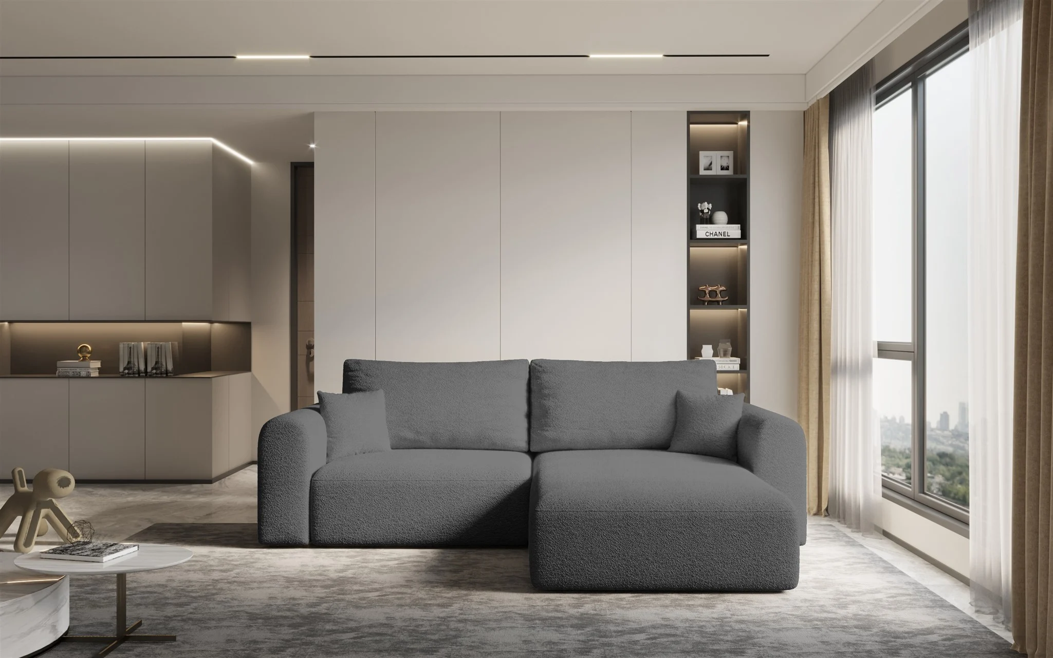 Ecksofa Sofa FLAVIO mit Schlaffunktion Stoff Abriamo Grau Ottomane Rechts - Fun Möbel