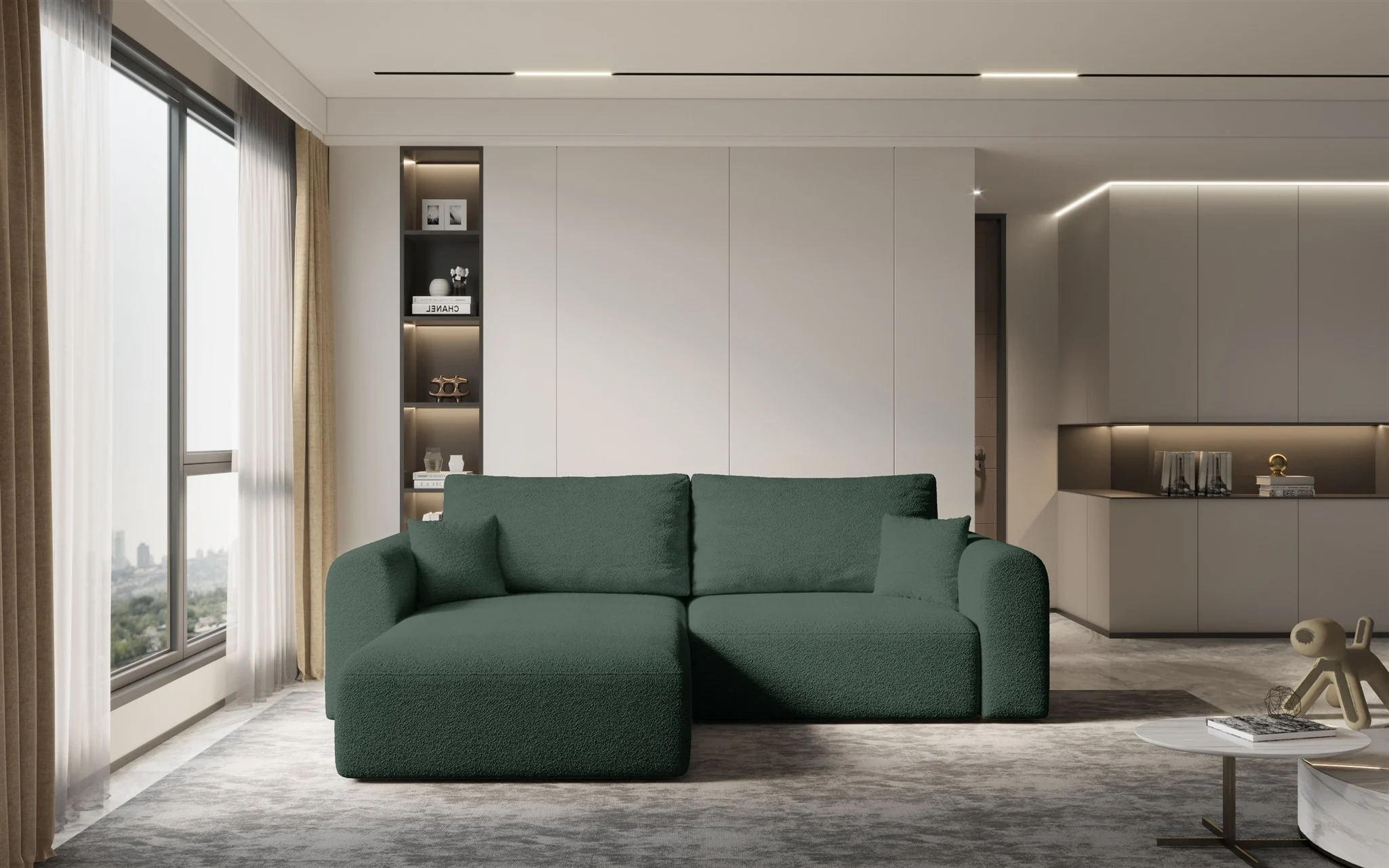 Ecksofa Sofa FLAVIO mit Schlaffunktion Stoff Abriamo Flaschengrün Ottomane Links - Fun Möbel