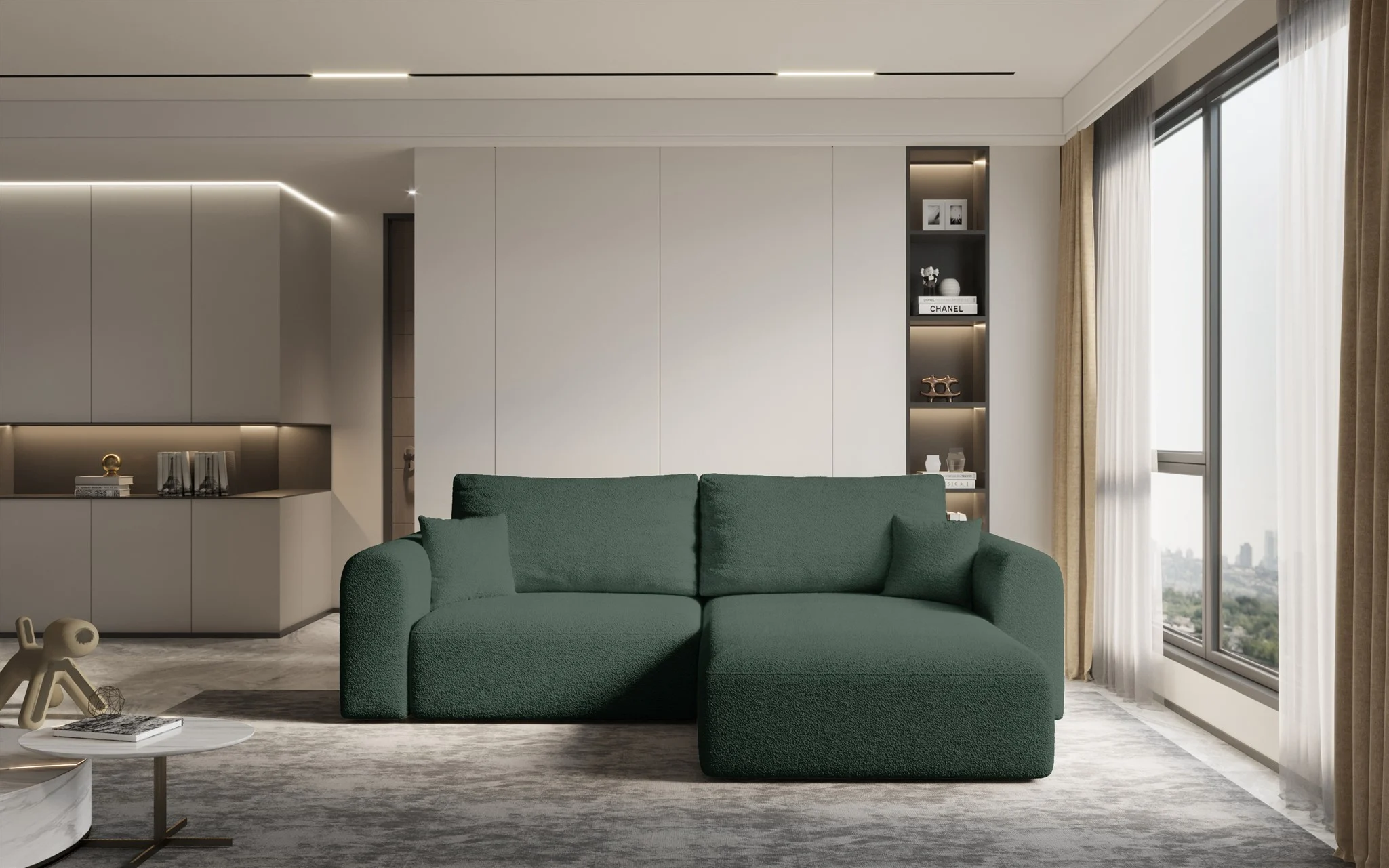Ecksofa Sofa FLAVIO mit Schlaffunktion Stoff Abriamo Flaschengrün Ottomane Rechts - Fun Möbel
