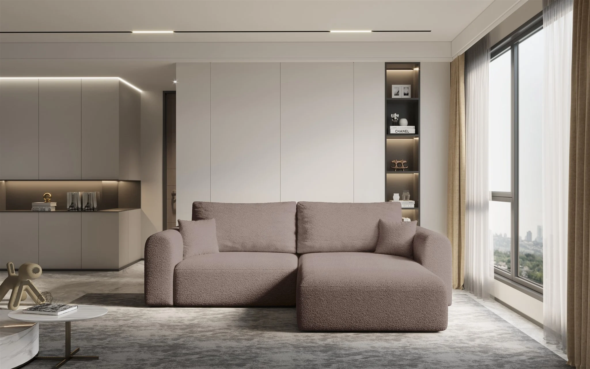 Ecksofa Sofa FLAVIO mit Schlaffunktion Stoff Abriamo Altrosa Ottomane Rechts - Fun Möbel