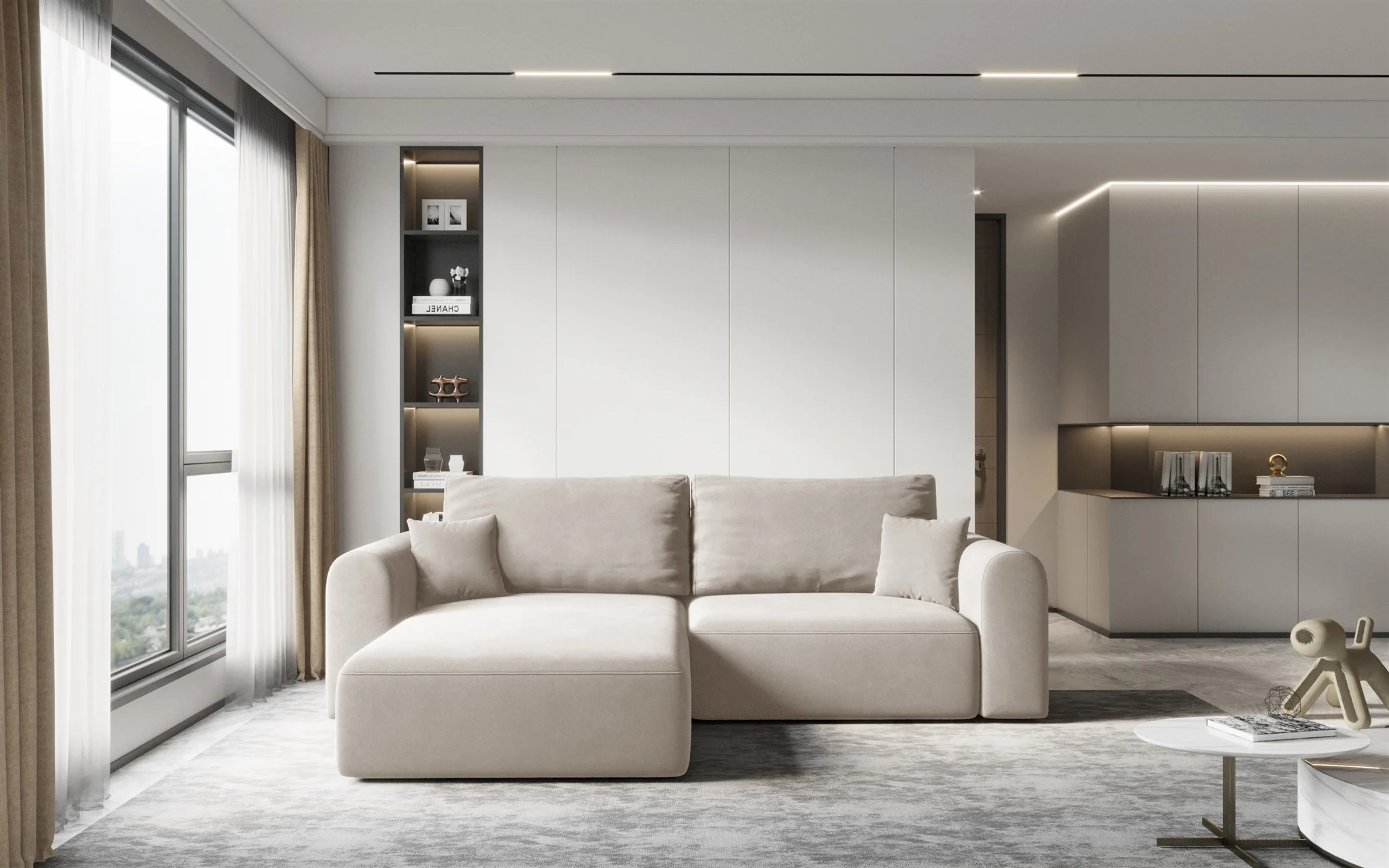 Ecksofa Sofa FLAVIO mit Schlaffunktion Stoff Castel Beige Ottomane Links - Fun Möbel