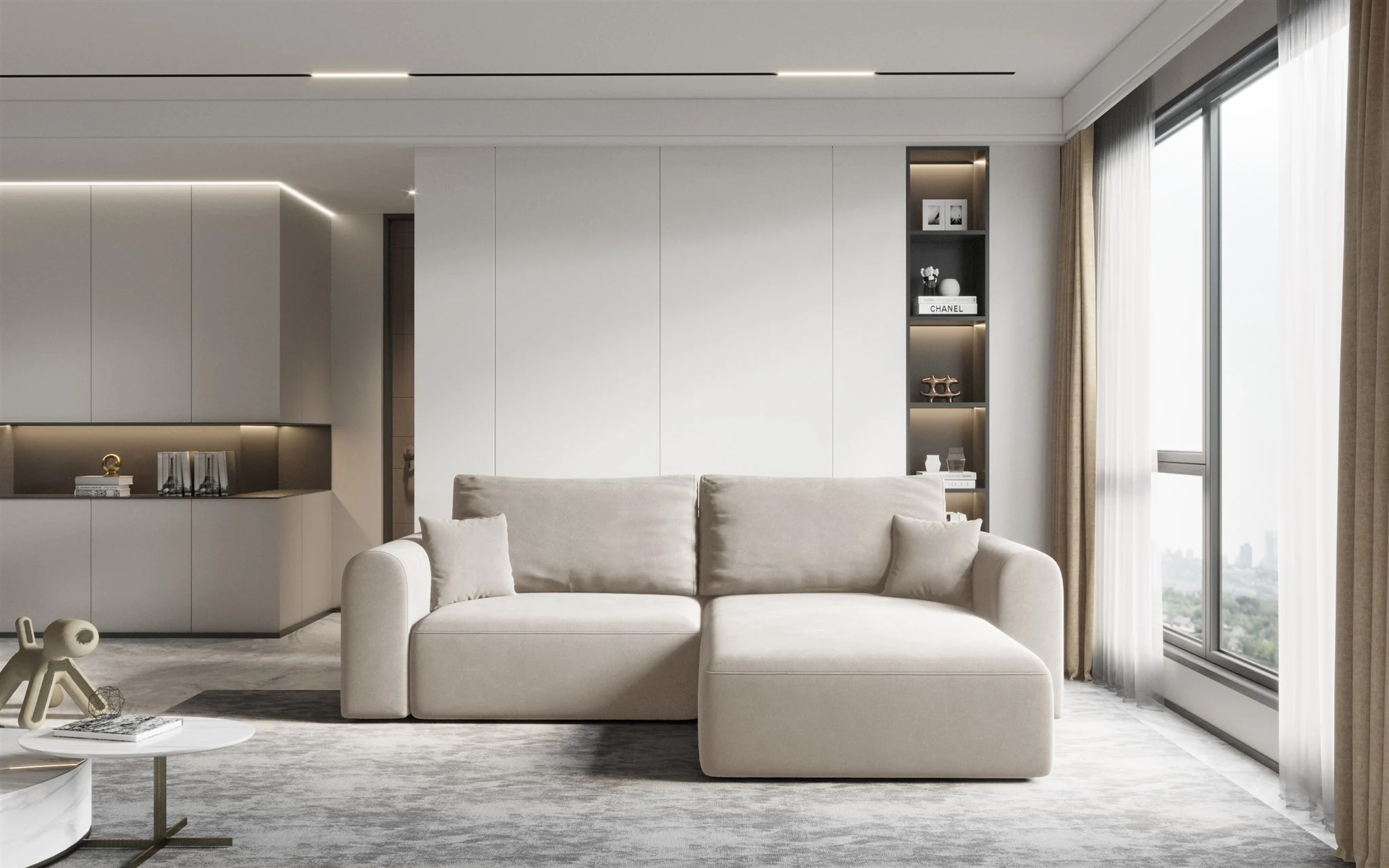 Ecksofa Sofa FLAVIO mit Schlaffunktion Stoff Castel Beige Ottomane Rechts - Fun Möbel