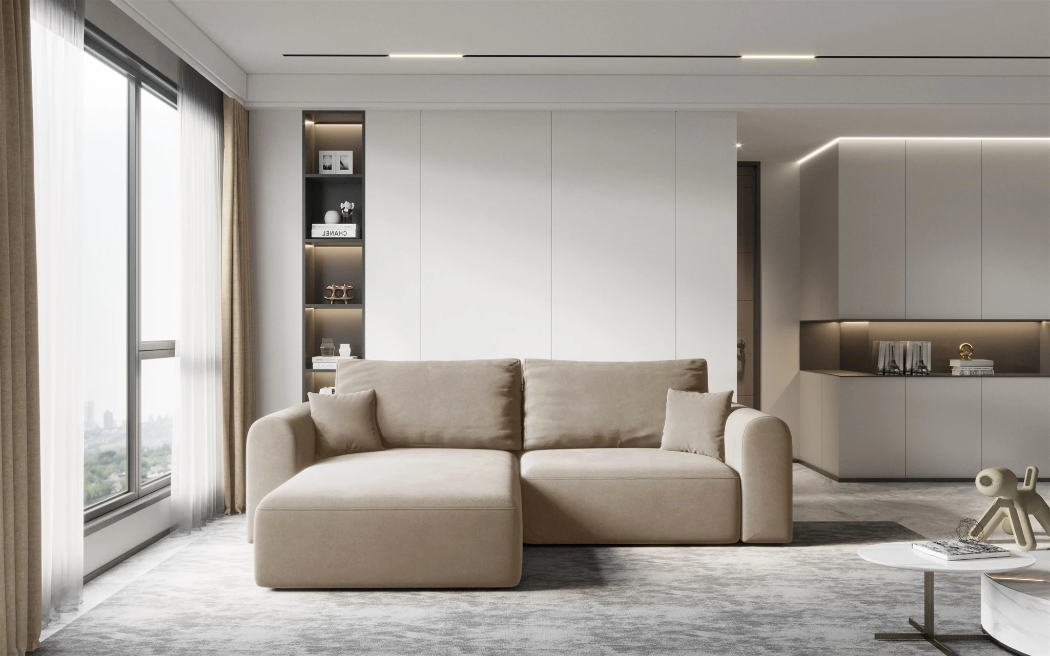 Ecksofa Sofa FLAVIO mit Schlaffunktion Stoff Castel Cappuccino Ottomane Links - Fun Möbel