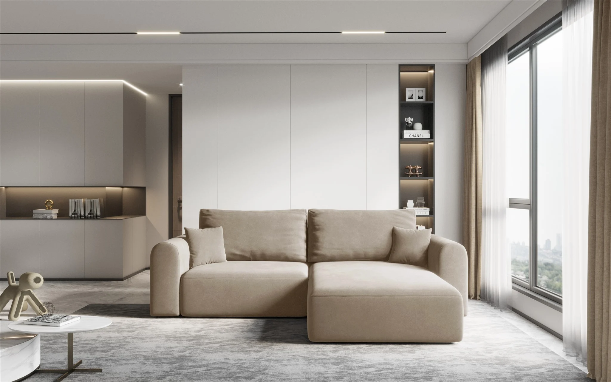 Ecksofa Sofa FLAVIO mit Schlaffunktion Stoff Castel Cappuccino Ottomane Rechts - Fun Möbel