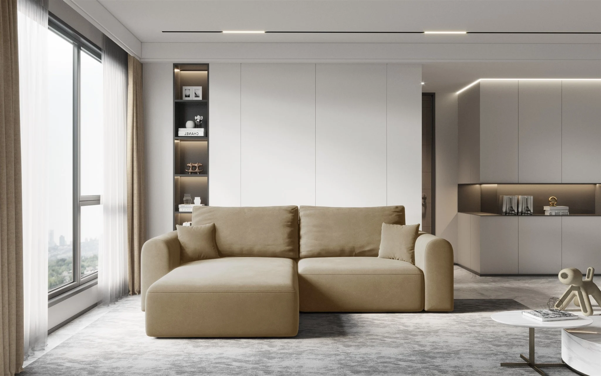 Ecksofa Sofa FLAVIO mit Schlaffunktion Stoff Castel Sand Ottomane Links - Fun Möbel