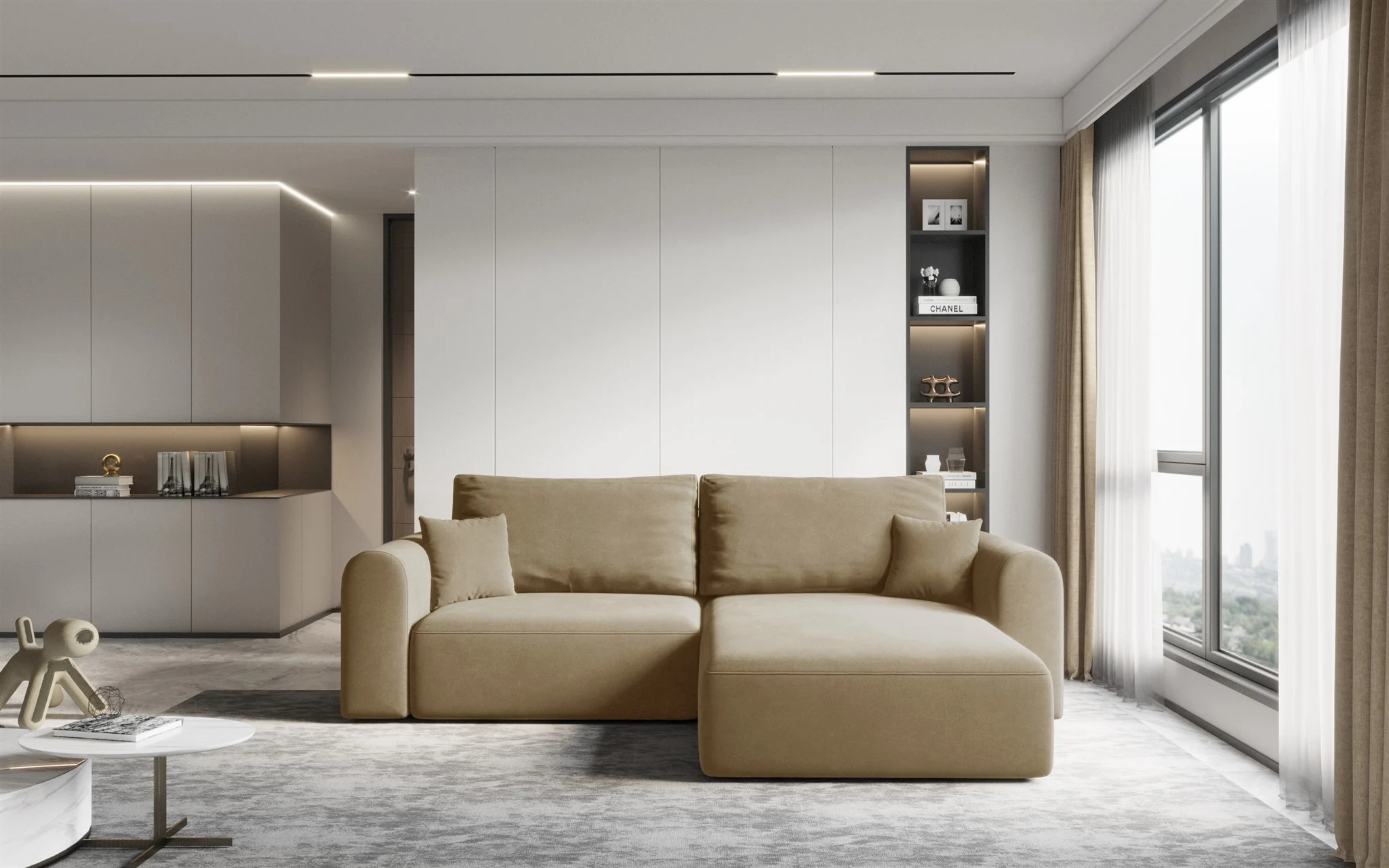 Ecksofa Sofa FLAVIO mit Schlaffunktion Stoff Castel Sand Ottomane Rechts - Fun Möbel