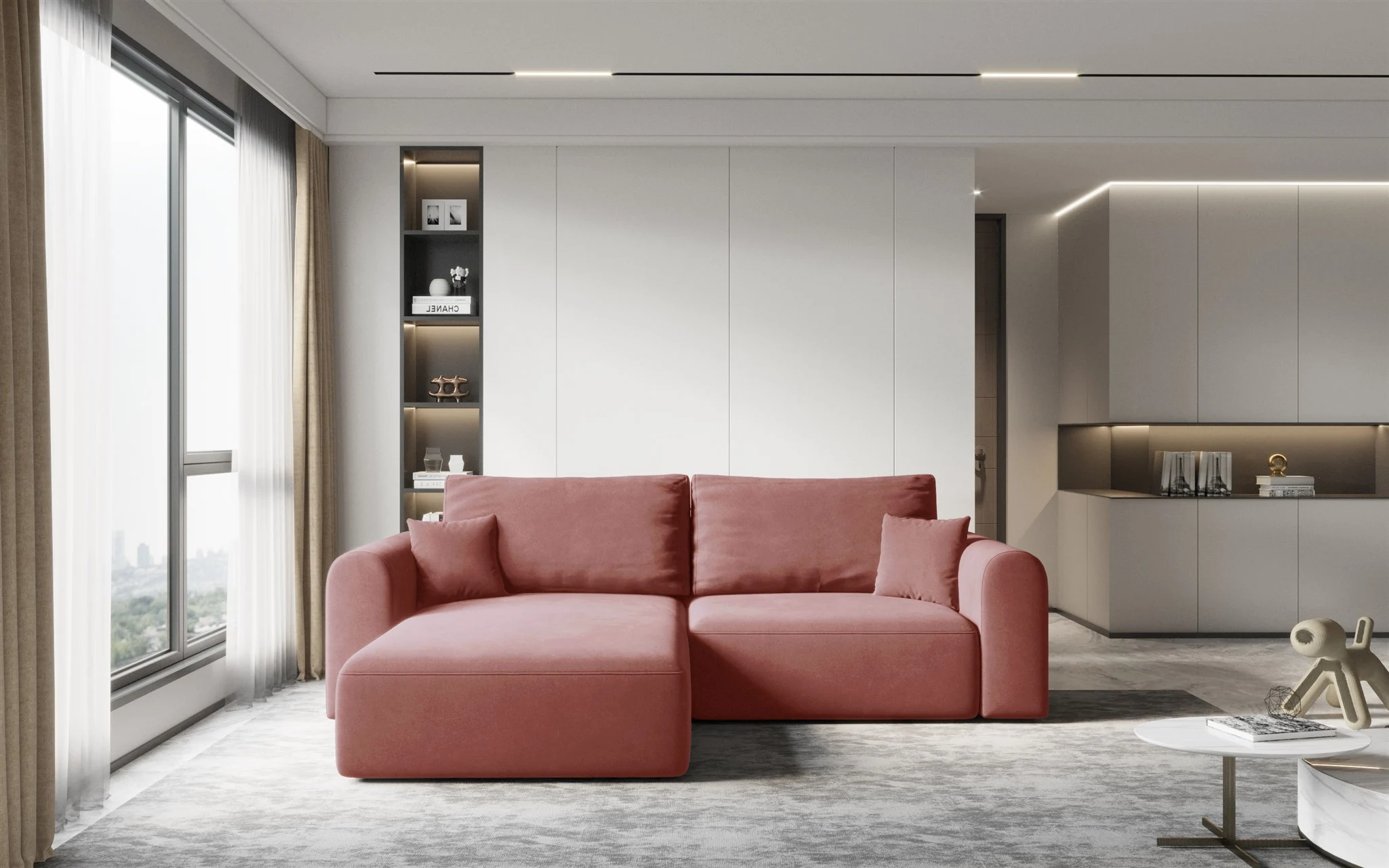 Ecksofa Sofa FLAVIO mit Schlaffunktion Stoff Castel Lachs Ottomane Links - Fun Möbel
