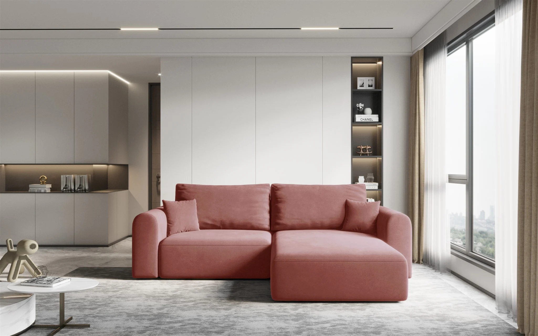 Ecksofa Sofa FLAVIO mit Schlaffunktion Stoff Castel Lachs Ottomane Rechts - Fun Möbel