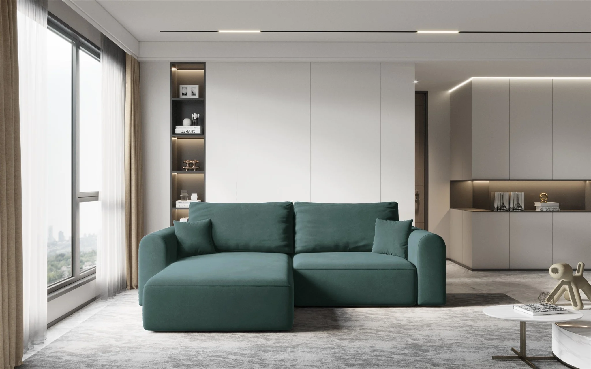 Ecksofa Sofa FLAVIO mit Schlaffunktion Stoff Castel Grün Ottomane Links - Fun Möbel