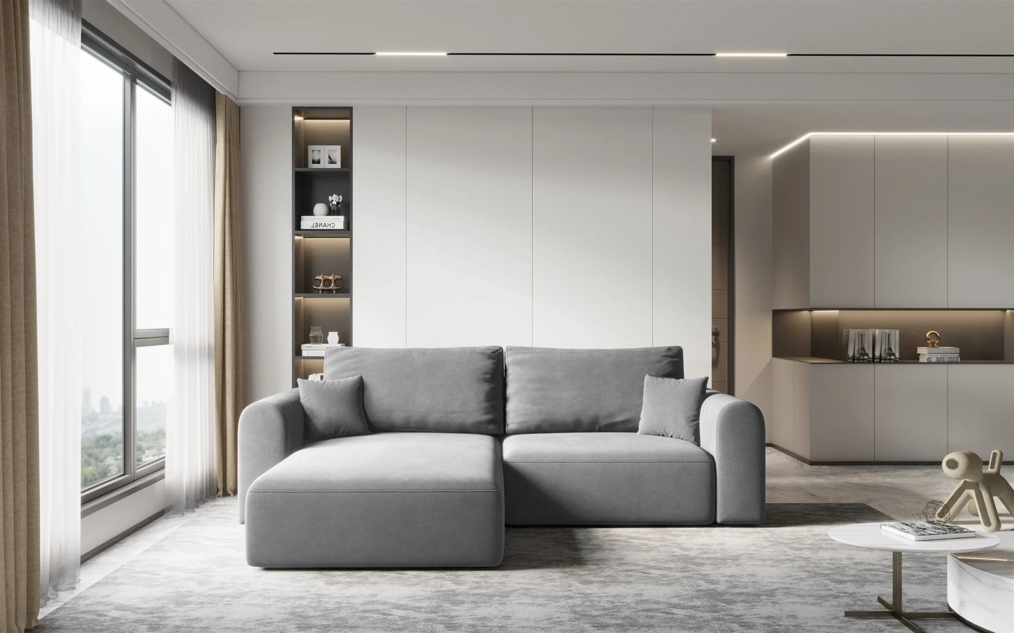 Ecksofa Sofa FLAVIO mit Schlaffunktion Stoff Castel Grau Ottomane Links - Fun Möbel