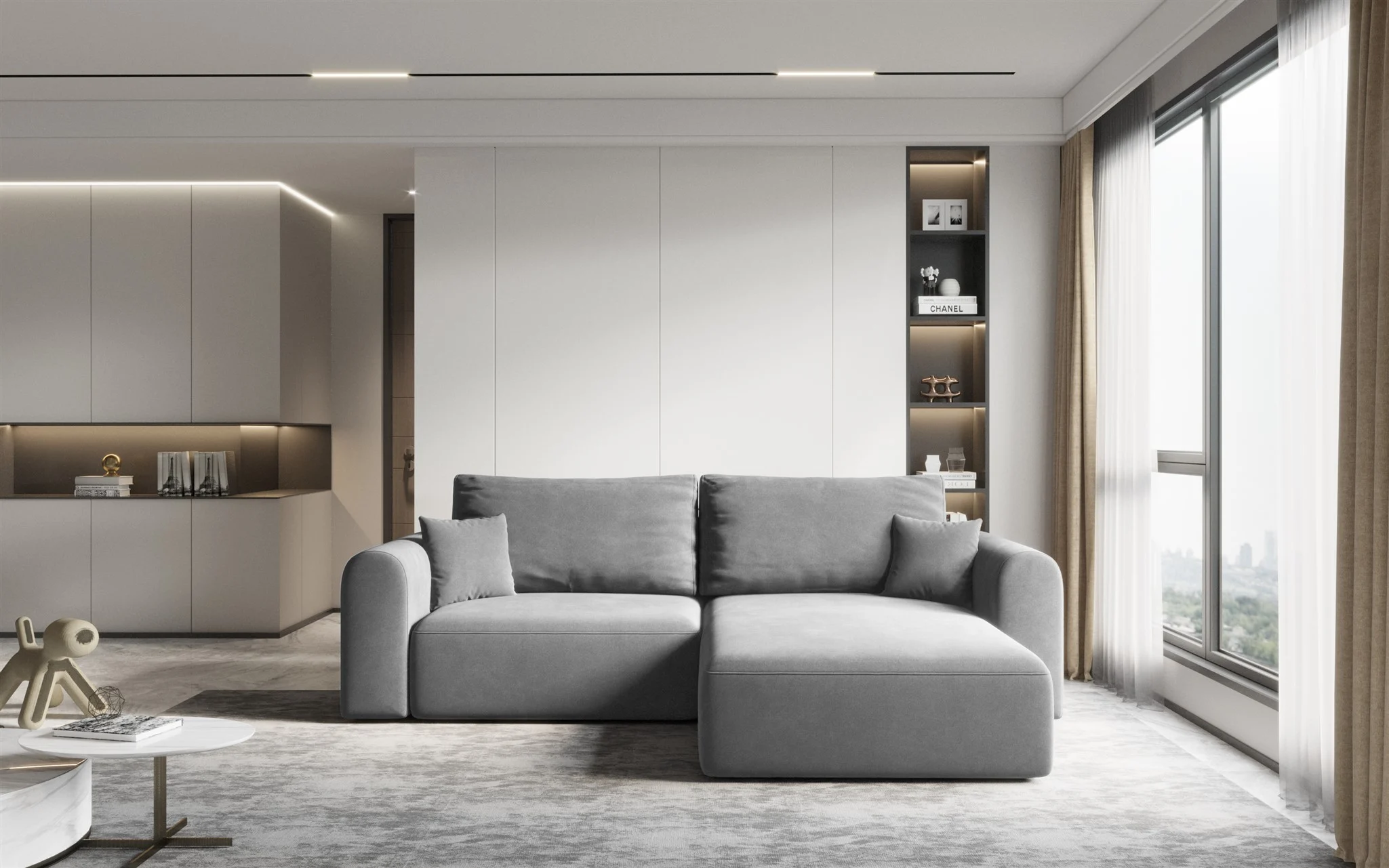 Ecksofa Sofa FLAVIO mit Schlaffunktion Stoff Castel Grau Ottomane Rechts - Fun Möbel