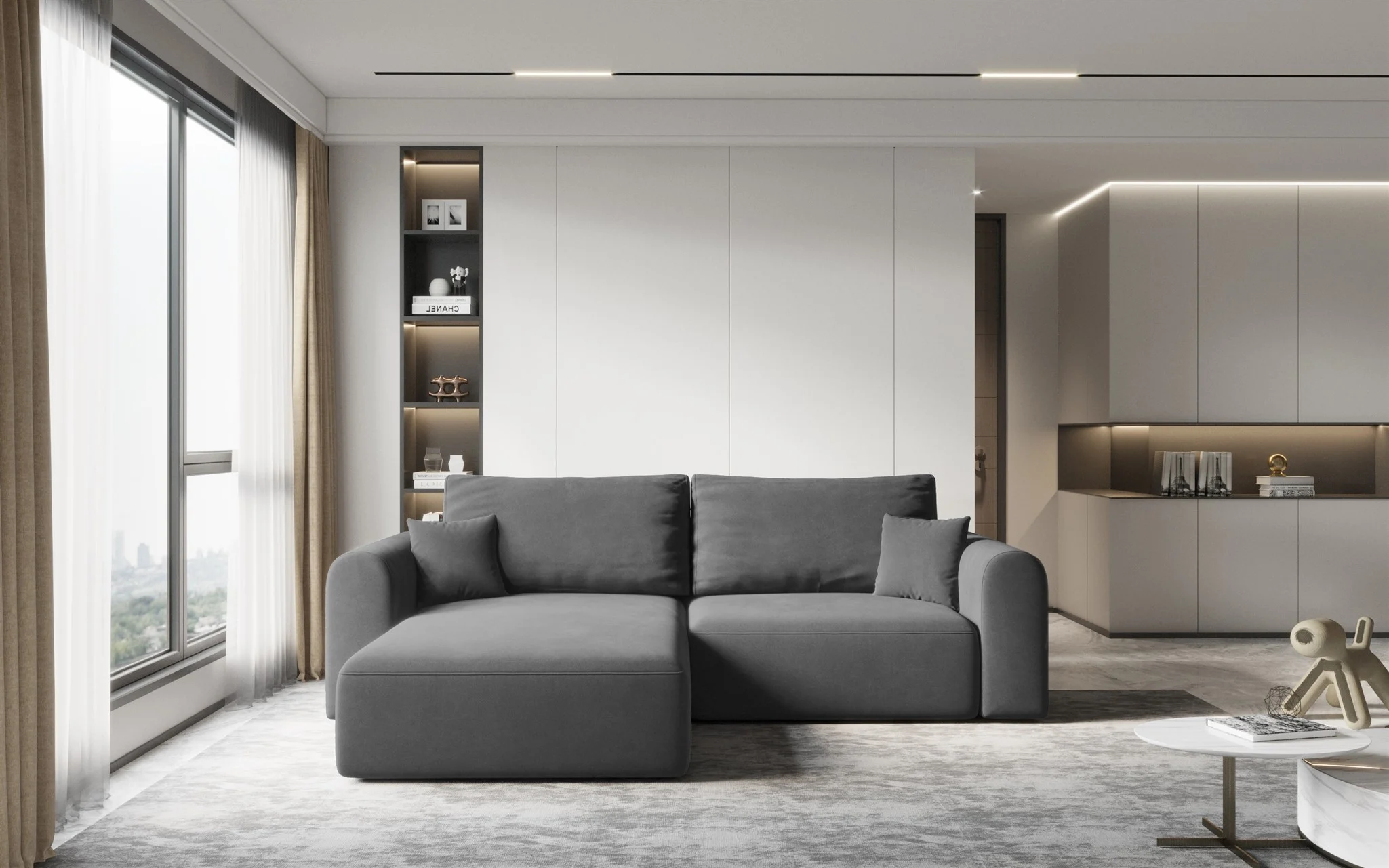 Ecksofa Sofa FLAVIO mit Schlaffunktion Stoff Castel Dunkelgrau Ottomane Links - Fun Möbel