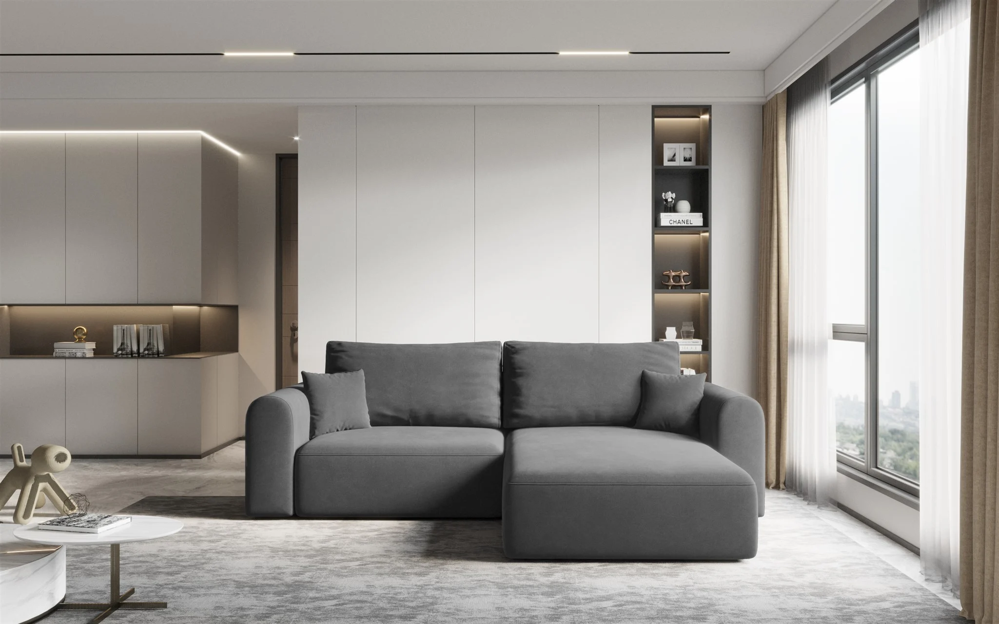 Ecksofa Sofa FLAVIO mit Schlaffunktion Stoff Castel Dunkelgrau Ottomane Rechts - Fun Möbel
