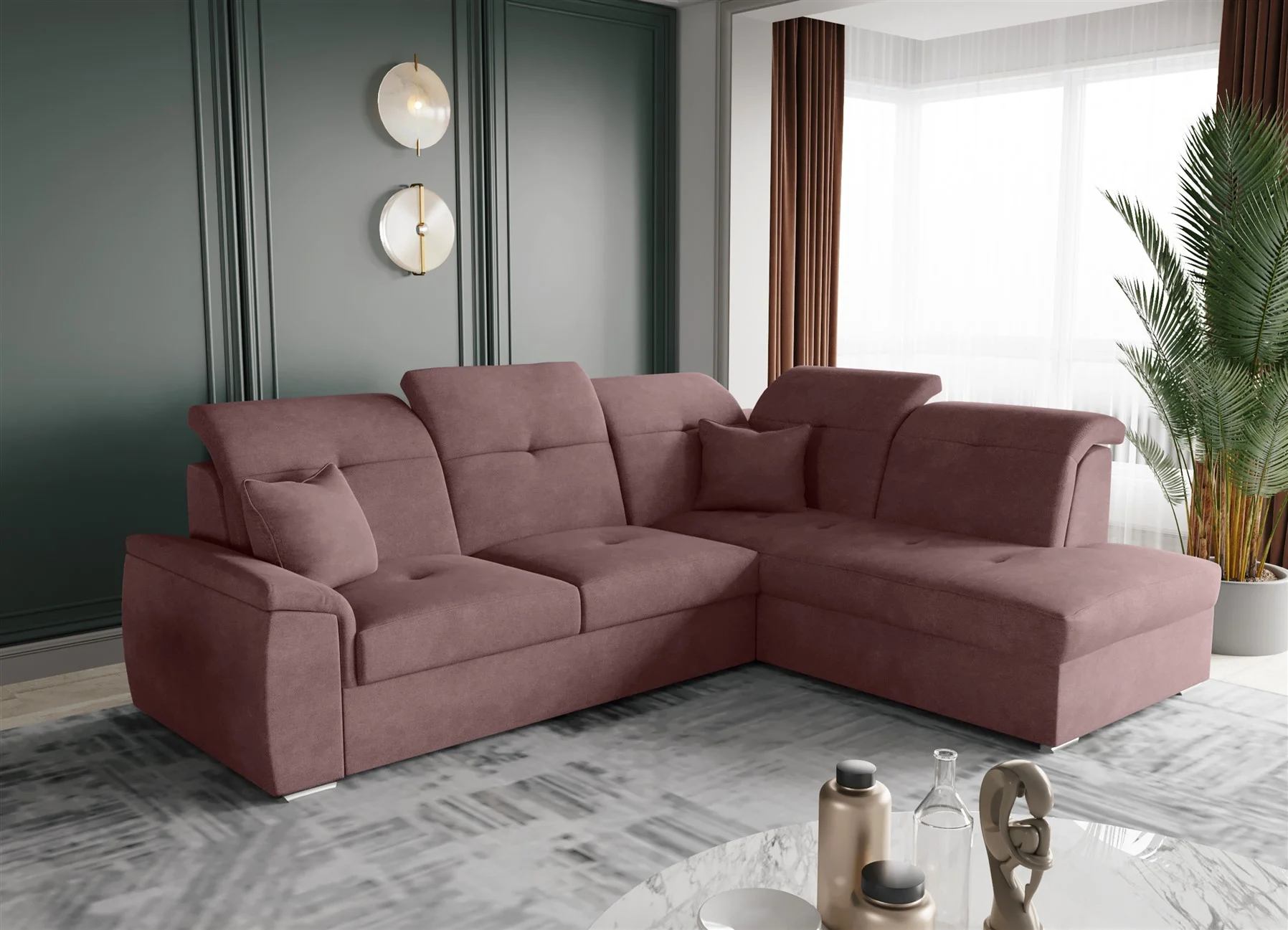 Ecksofa Schlafsofa Sofa FREJA Stoff Brooklyn Altrosa Ottomane Rechts - Fun Moebel