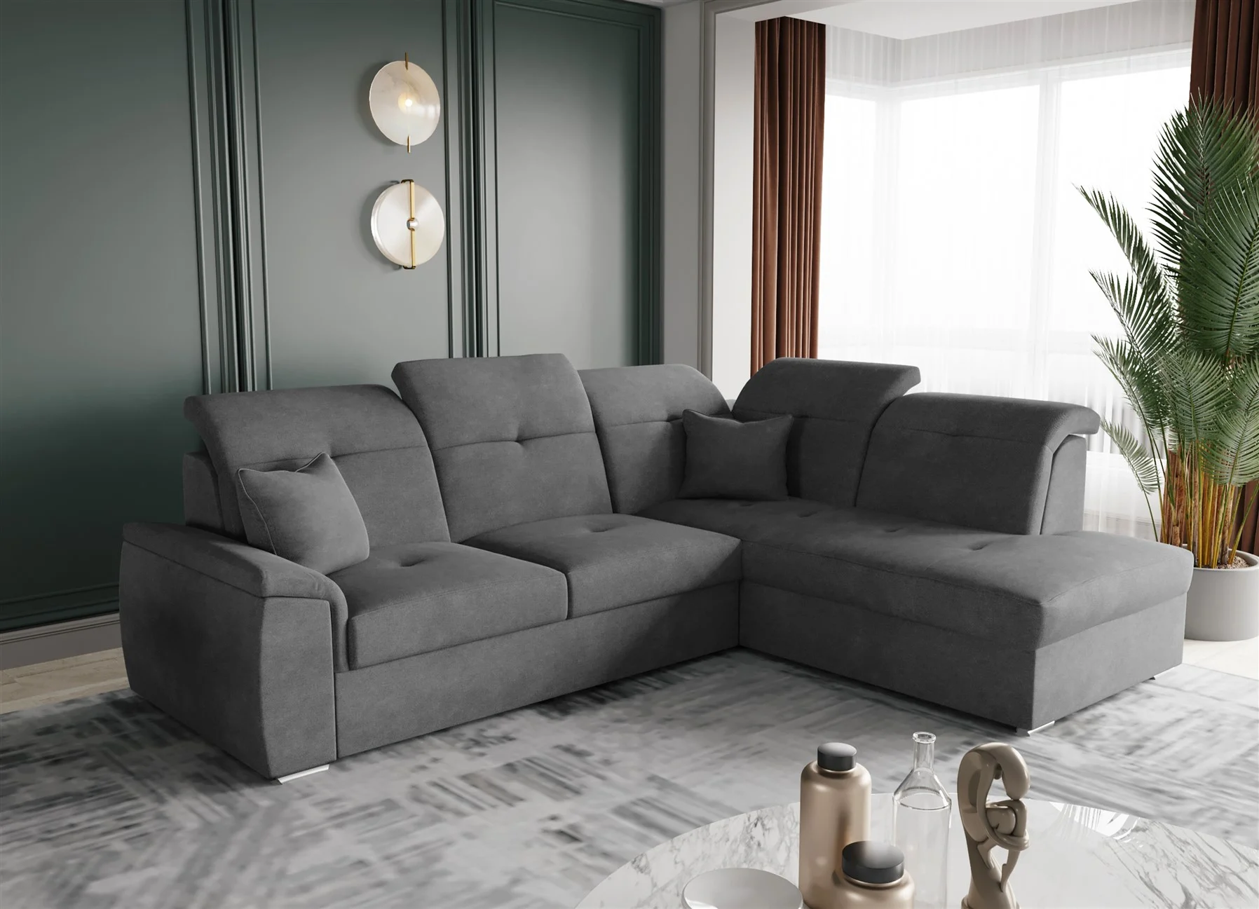 Ecksofa Schlafsofa Sofa FREJA Stoff Brooklyn Anthrazit Ottomane Rechts - Fun Moebel