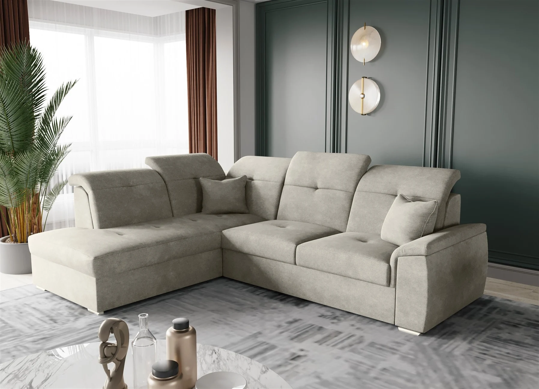 Ecksofa Schlafsofa Sofa FREJA Stoff Brooklyn Beige Ottomane Links - Fun Moebel