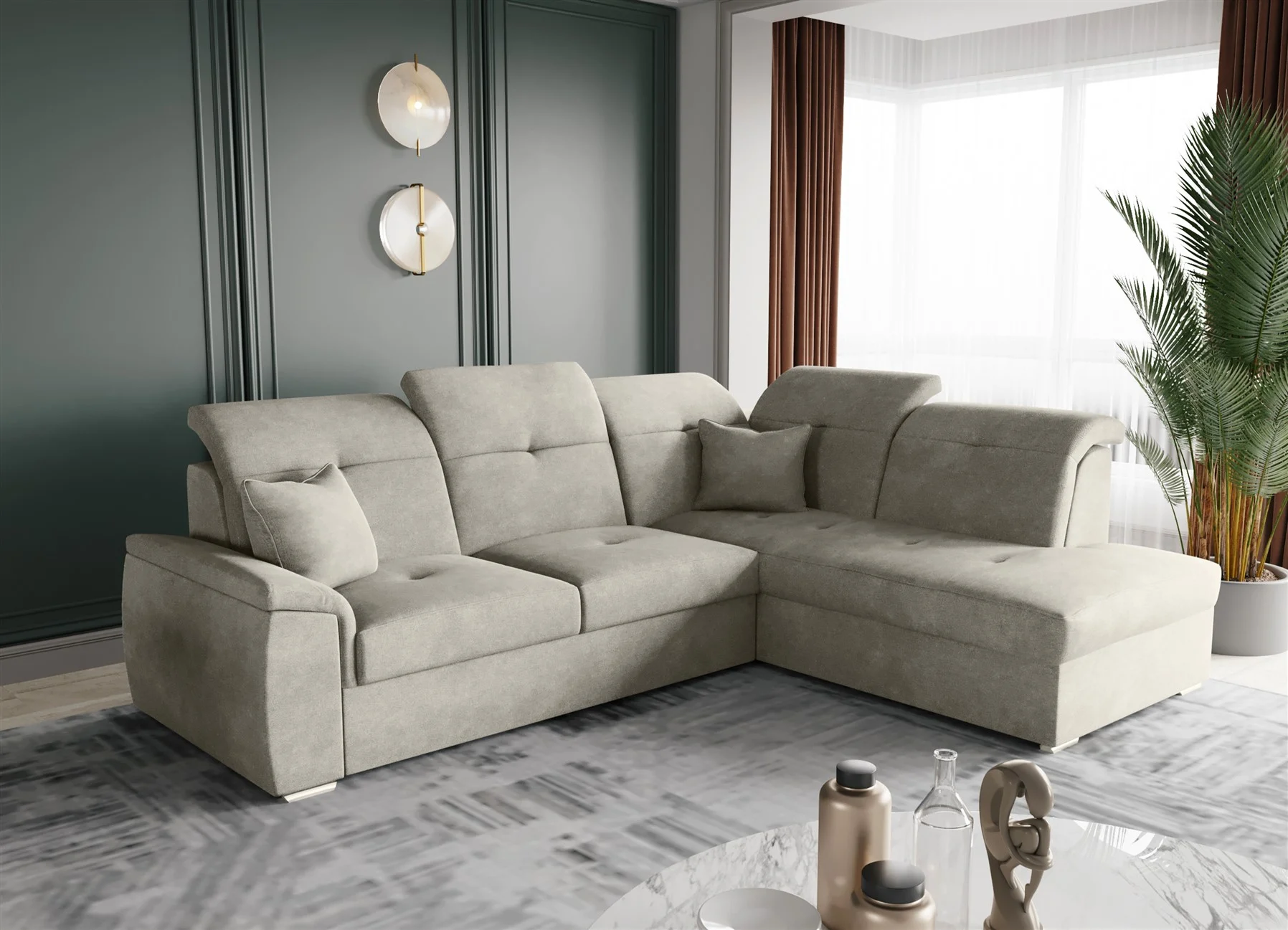 Ecksofa Schlafsofa Sofa FREJA Stoff Brooklyn Beige Ottomane Rechts - Fun Moebel