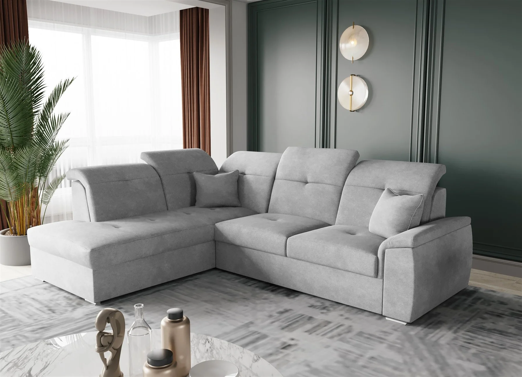 Ecksofa Schlafsofa Sofa FREJA Stoff Brooklyn Hellgrau Ottomane Links - Fun Moebel