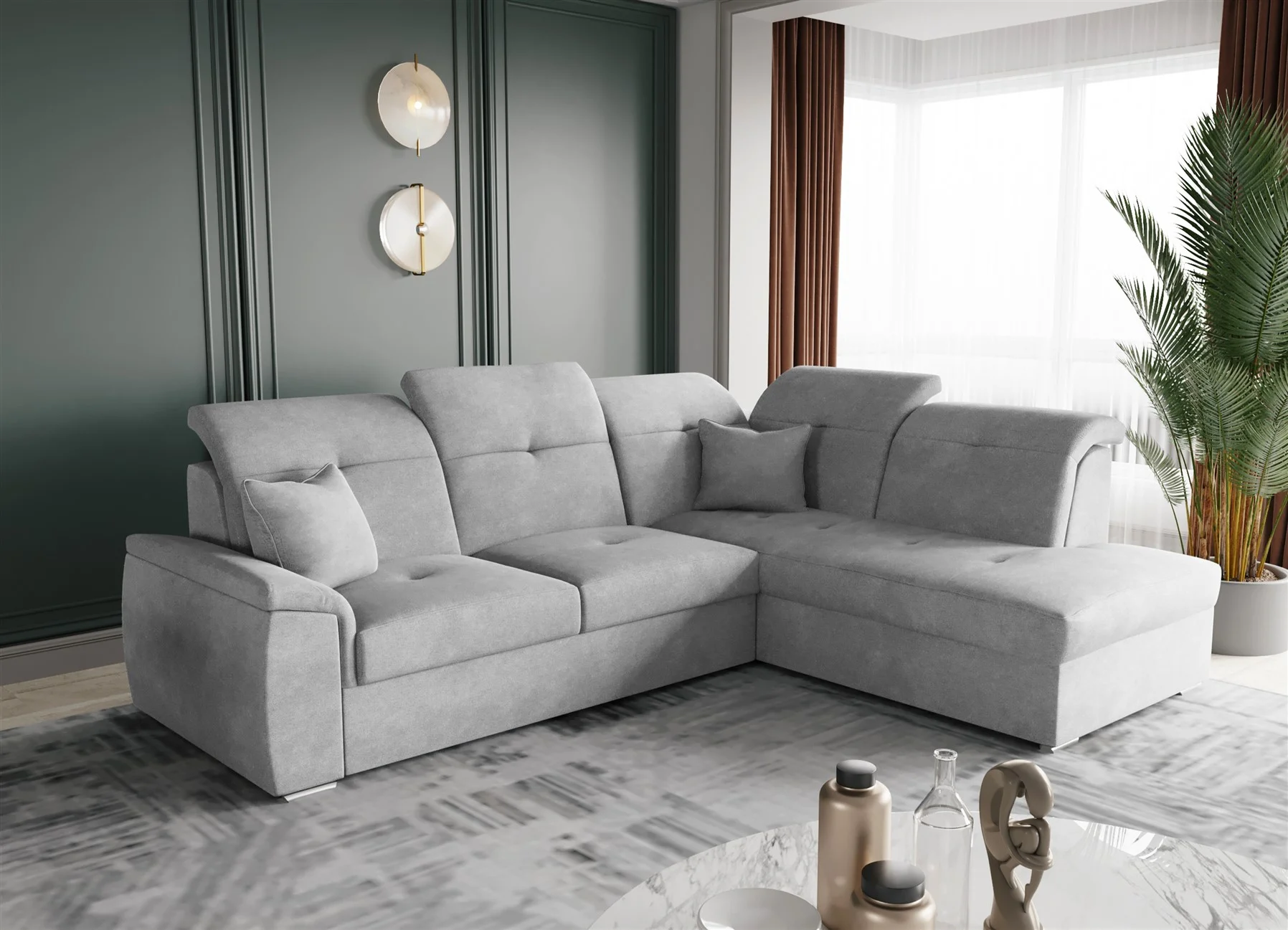 Ecksofa Schlafsofa Sofa FREJA Stoff Brooklyn Hellgrau Ottomane Rechts - Fun Moebel