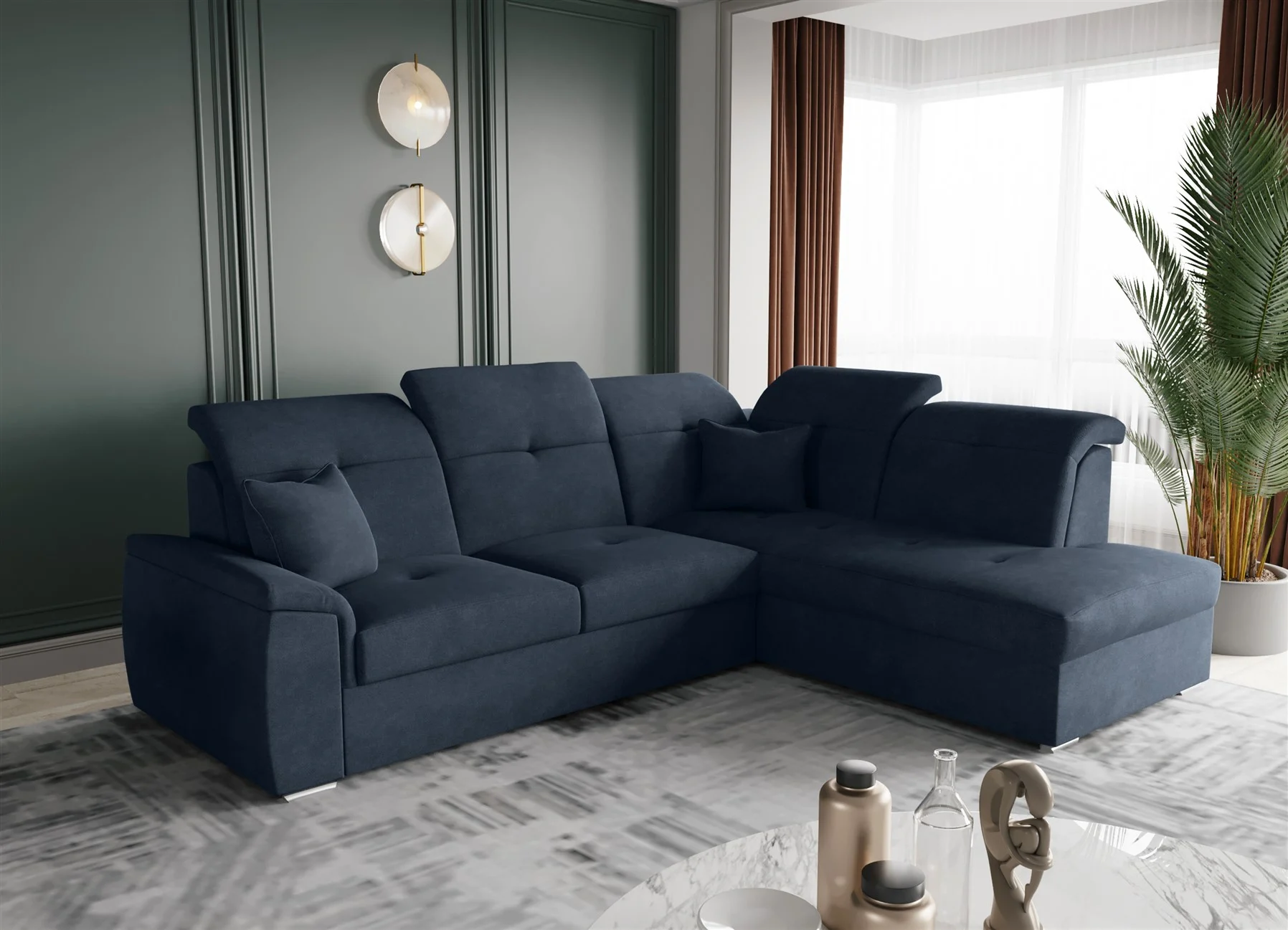 Ecksofa Schlafsofa Sofa FREJA Stoff Brooklyn Marine Ottomane Rechts - Fun Moebel