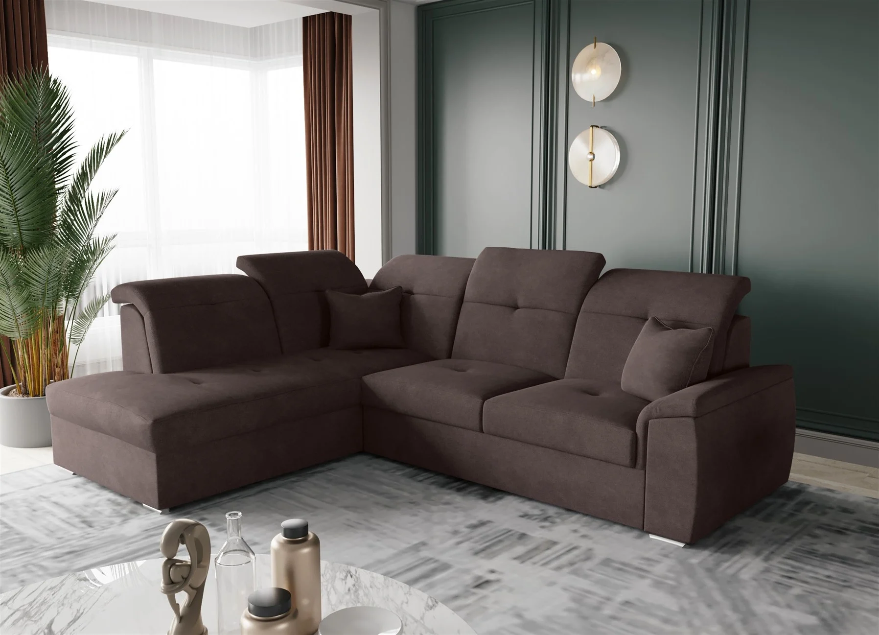 Ecksofa Schlafsofa Sofa FREJA Stoff Brooklyn Schokoladenbraun Ottomane Links - Fun Moebel