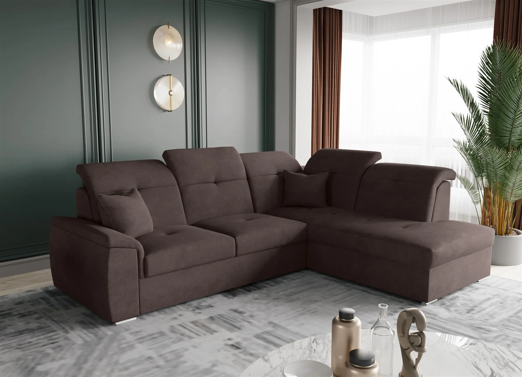 Ecksofa Schlafsofa Sofa FREJA Stoff Brooklyn Schokoladenbraun Ottomane Rechts - Fun Moebel