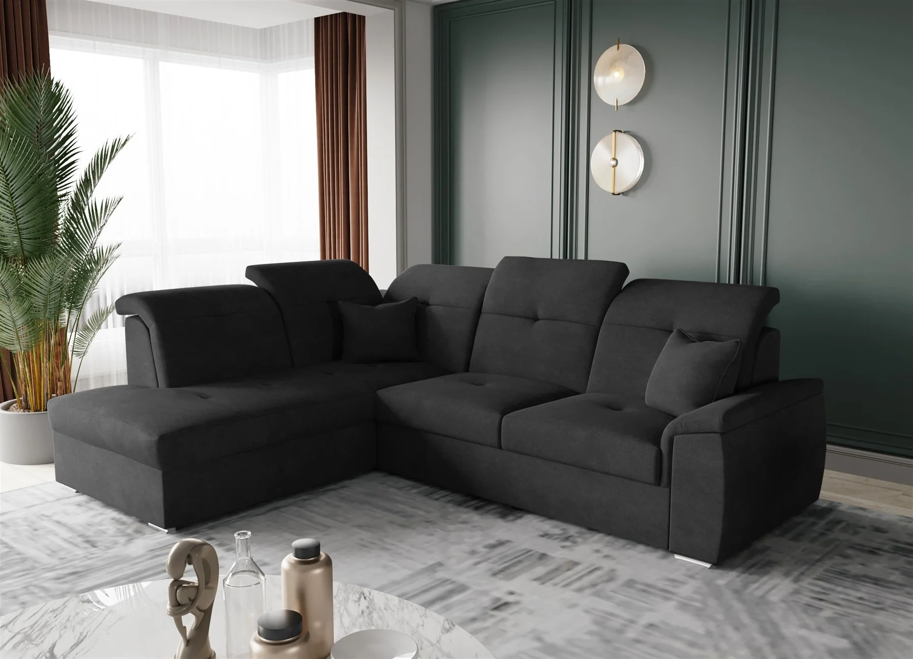 Ecksofa Schlafsofa Sofa FREJA Stoff Brooklyn Schwarz Ottomane Links - Fun Moebel