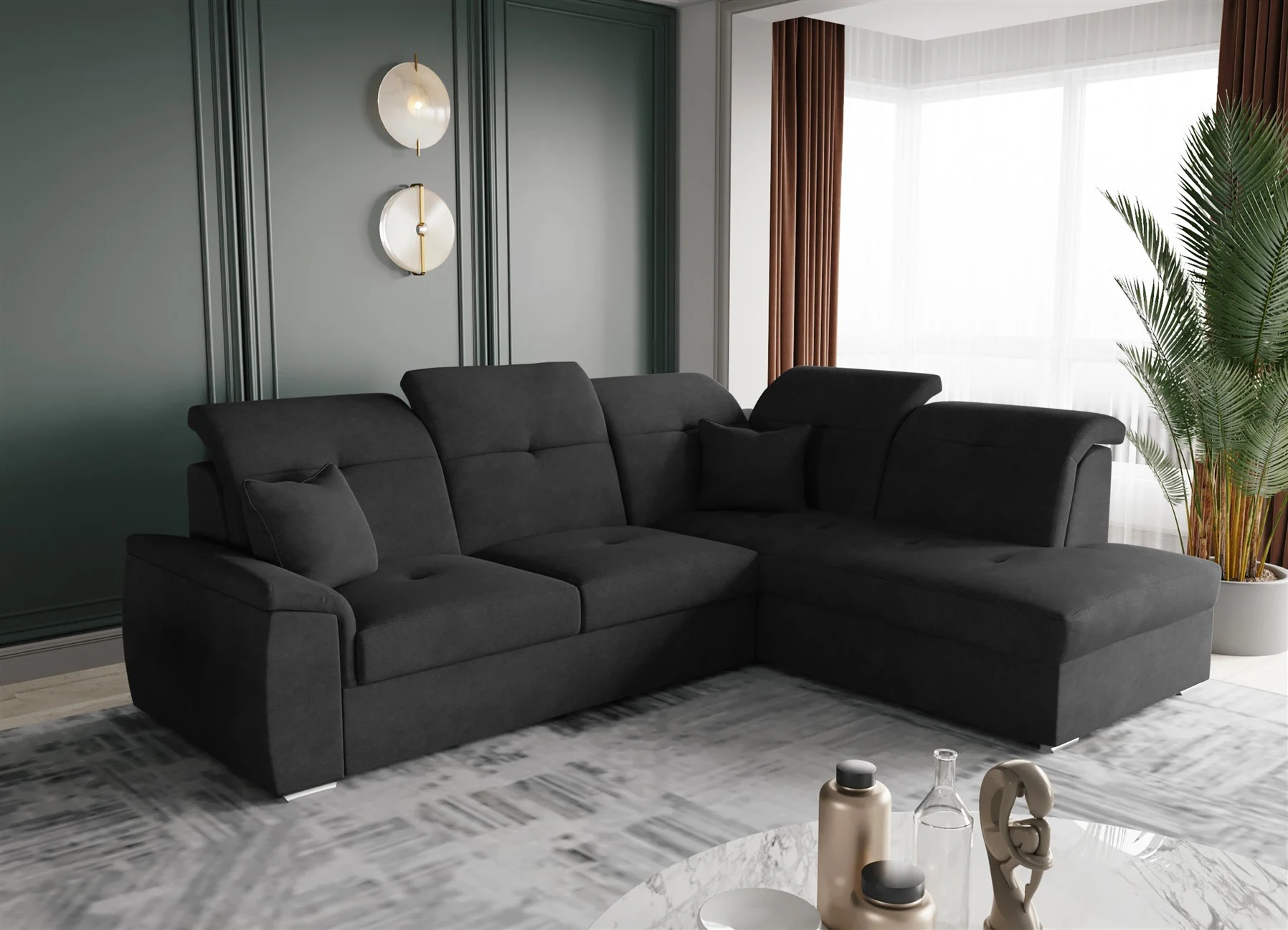 Ecksofa Schlafsofa Sofa FREJA Stoff Brooklyn Schwarz Ottomane Rechts - Fun Moebel
