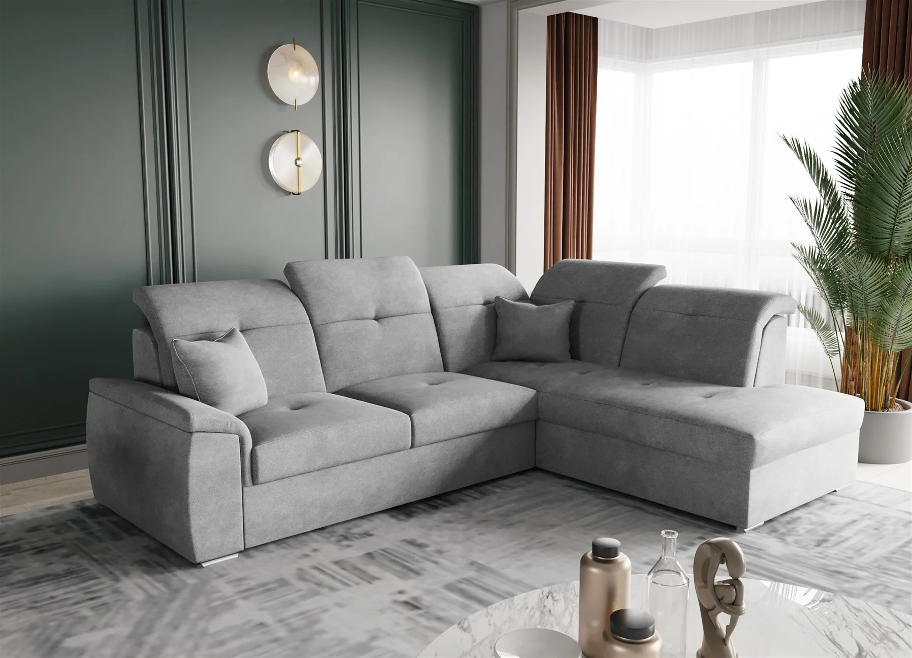 Ecksofa Schlafsofa Sofa FREJA Stoff Brooklyn Betongrau Ottomane Rechts - Fun Moebel