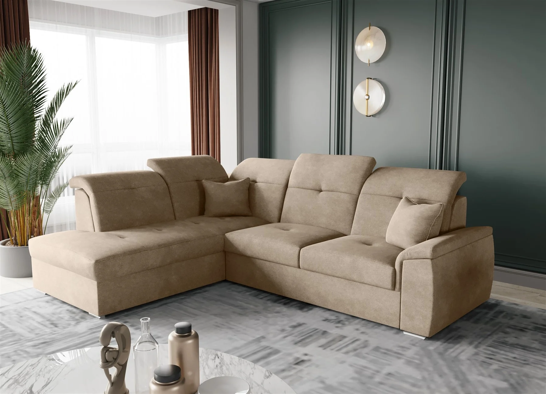 Ecksofa Schlafsofa Sofa FREJA Stoff Brooklyn Cappuccino Ottomane Links - Fun Moebel