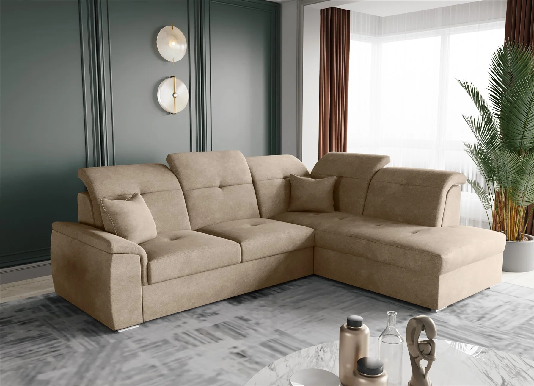 Ecksofa Schlafsofa Sofa FREJA Stoff Brooklyn Cappuccino Ottomane Rechts - Fun Moebel